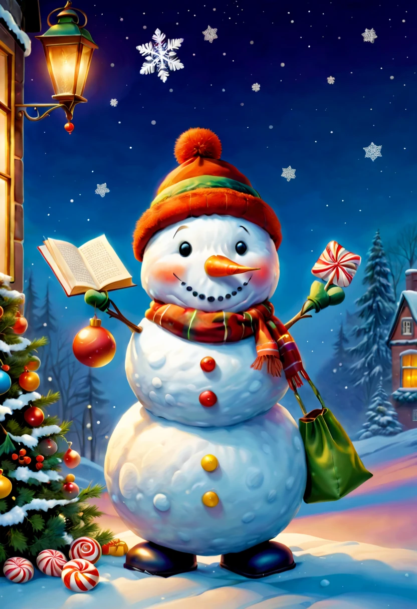(Faraway view: 1.8), christmas,(Cute Christmas snowman holding a book and bag of candy, Pour the snowflakes into a bowl,Robin stands on the snowman's head),Christmas elements,illustratio, Children's book illustration, inspired by Doug Ohlson, Add details, sugar snow, delicacy, festivity, snowflower, Paintings by Alison Debenham, cover illustration,超高分辨率, illustratio, Christmas evening, extremely high resolution, hyper realisitc,Exquisite、Best quality、ultra - detailed、nice、Positioning details、colorful colorful