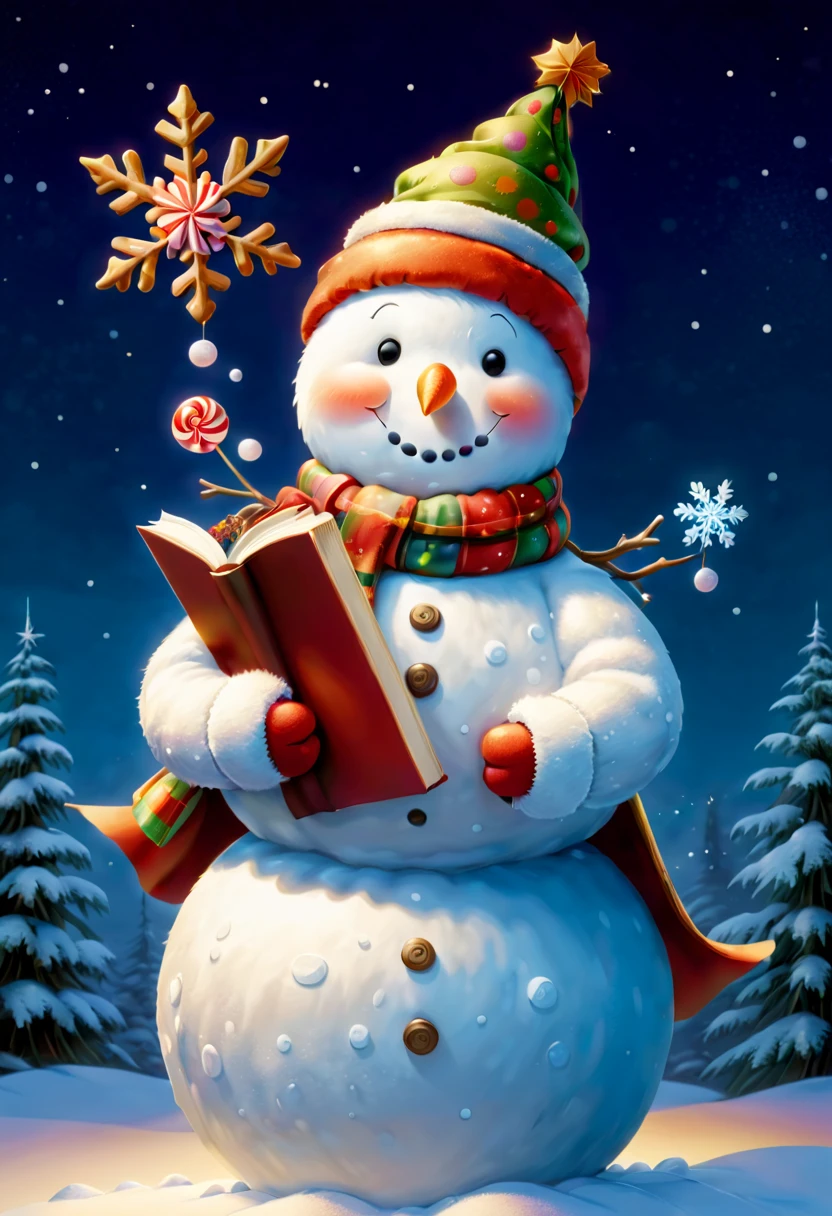 (Faraway view: 1.8), christmas，(Cute Christmas snowman holding a book and bag of candy, Pour the snowflakes into a bowl，Robin stands on the snowman&#39;s head)，Christmas elements，illustratio, Children's book illustration, inspired by Doug Ohlson, Add details, sugar snow, delicacy, festivity, snowflower, Paintings by Alison Debenham, cover illustration，超高分辨率, illustratio, Christmas evening, extremely high resolution, hyper realisitc，Exquisite、Best quality、ultra - detailed、nice、Positioning details、colorful colorful