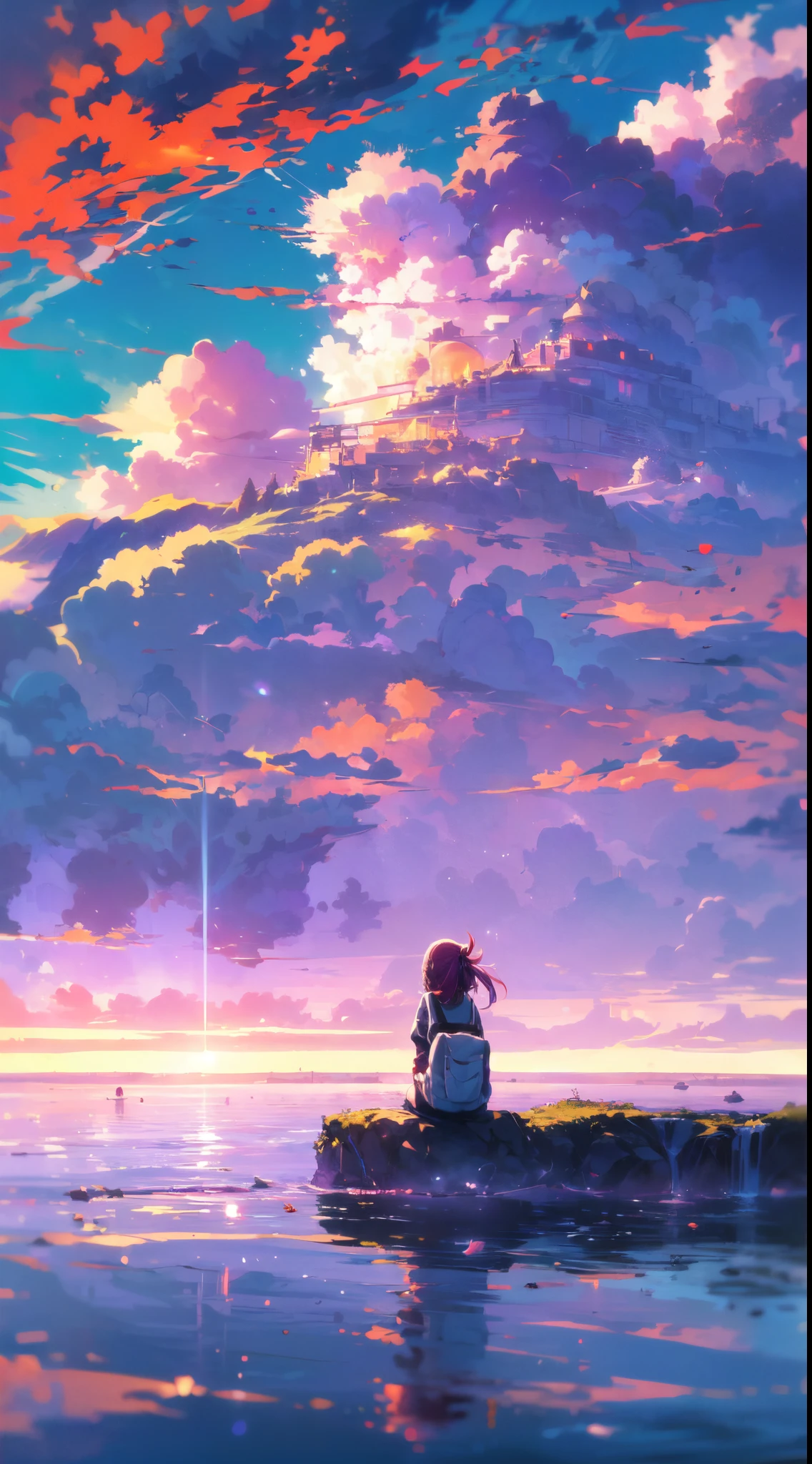 (best quality,4k,highres:1.2),from behind,focus on the scenery,anime,girl sitting on floating rock stage in the sky,sunshine,colorful cloud sea,mesmerizing atmosphere,ambient lighting,red and purple sky