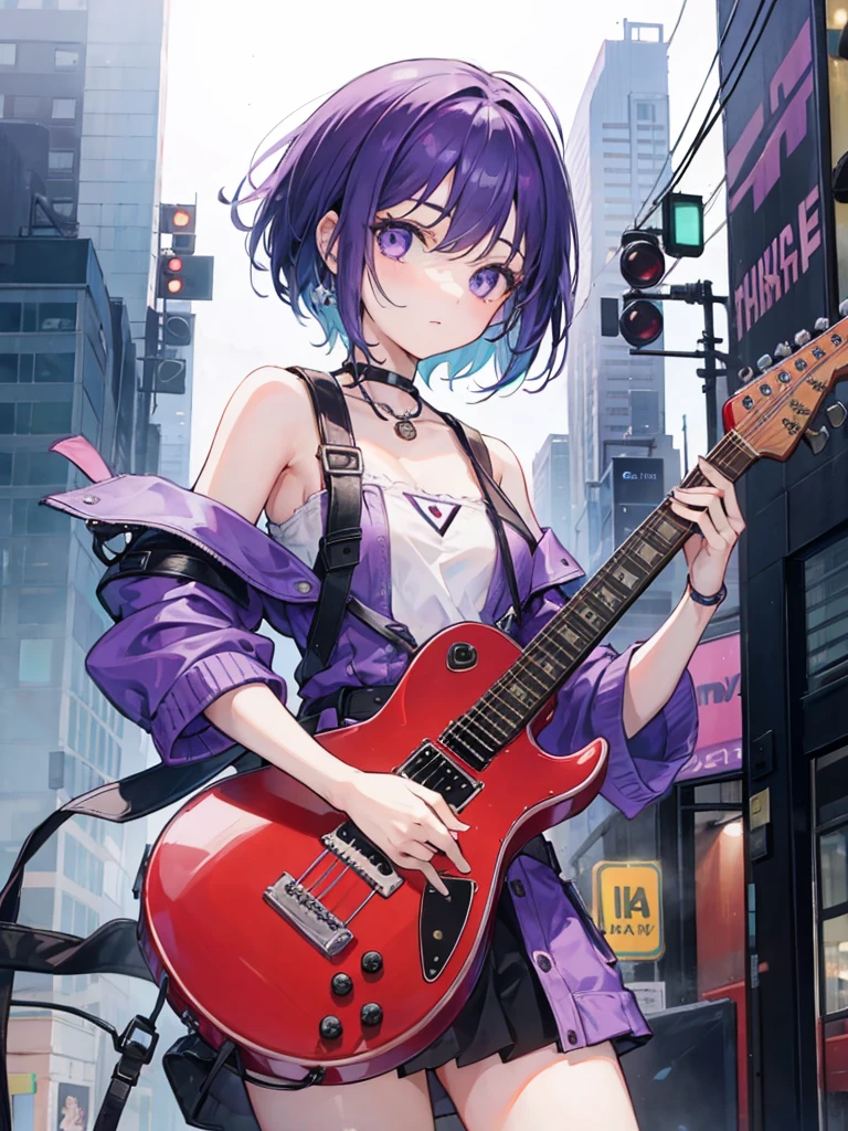 1 girl, short hair, purple guitar, city,