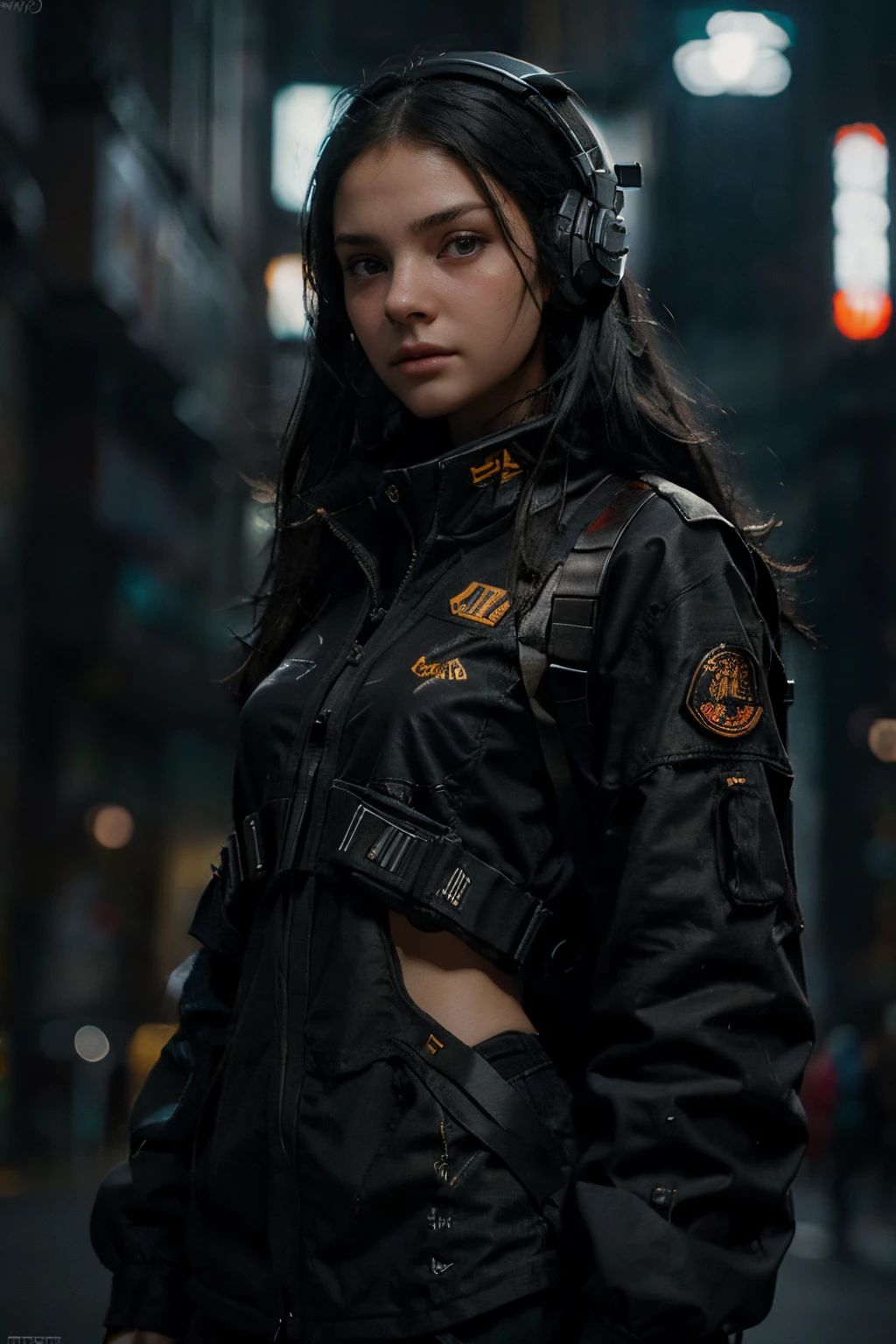 photorealistic:1.4, masterpiece, best quality, solo, Detailed face:1.2, perfectly proportions, photos realistic, ,Photo of mature Ukraine college girl, raw , long black hair, techwear, gaming headset, blurry background, eye focus, cowboy shot, huge city background, facing front, dramatic light, cinematic light, realistic, realism