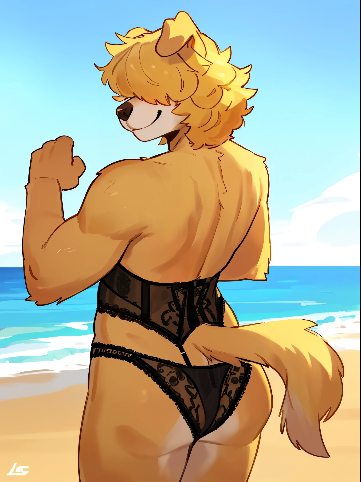 By bebebebebe, by lostgoose, by goonie-san, solo, male, canine, domestic dog, golden retriever, smirking, ((blonde hair, short hair, wavy hair, hair covering eyes)), tomgue out, on the beach, tail raised, (((lingerie))), butt, looking back at viewer, looking over shoulder, standing