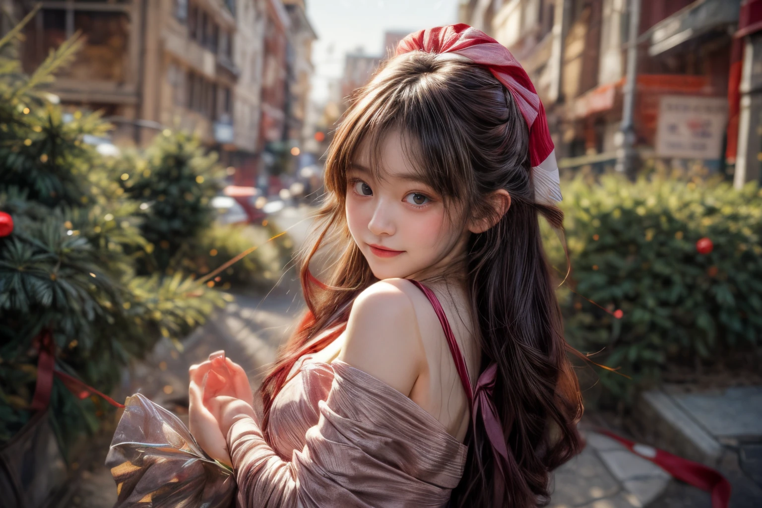 masterpiece、8K、32K、top-quality、(A detailed eye)、(A cute Japanese woman、bangss)、23years old、1 girl in、elegent、(Detailed background depiction、portlate:1.2)、(blushed face、ssmile:1.5)、(DEKU、illuminations、Christmas:1.3)、Lots of gifts、(Plump body、nudde:1.1)、(wrapped a ribbon around the body:1.5)