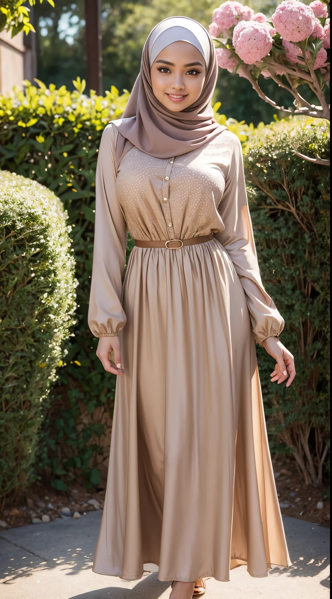 RAW, Best quality, high resolution, work: 1.3, beautiful Malay woman in hijab, beautiful big eyes, smiling, beautiful face, shiny lips, soft smile, medium portrait, watery eyes, huge breasts, woman in skirt and beige blouse, long skirt dress, posing seductively and sexy in front of the camera with a background behind garden flower(bokeh) ,  flowing dress, sophisticated dress, with teal clothes, multi-layered clothes, fully covered dress, brown dress, graceful dress, wearing an elegant dress, women's long dress, she  wearing a skirt and beige blouse, long skirt ,