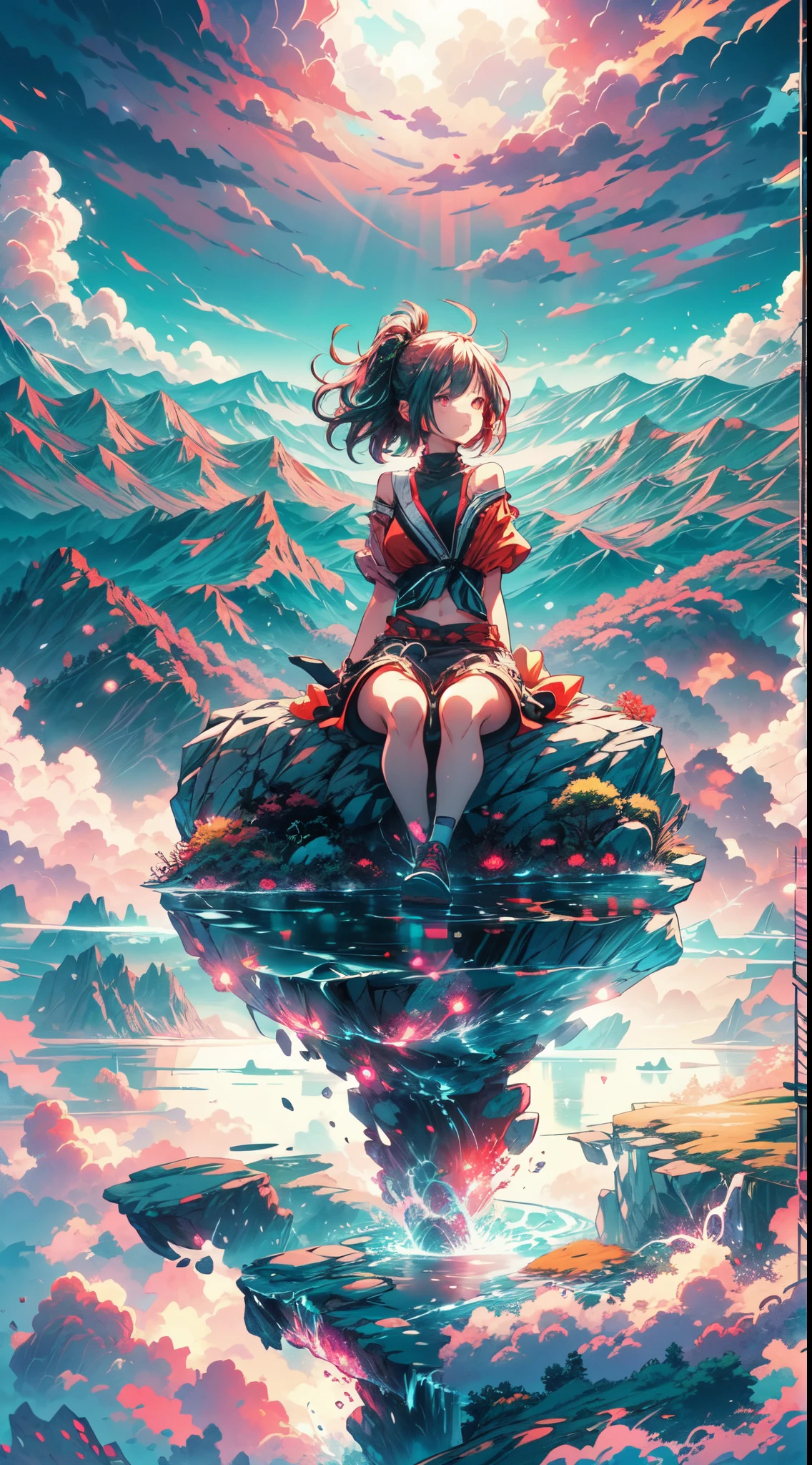 A girl sitting on a floating rock stage in the sky, with the focus on the scenery behind her. The image is of the highest quality, in 4k resolution, with breathtaking details. The art style should have an anime influence, capturing the enchanting atmosphere. The scene is illuminated by ambient lighting, creating a mesmerizing and immersive experience.

The girl is positioned on the rock stage with her back facing the viewer, showcasing the expansive view of the scenery behind her. The stage is floating in the sky, surrounded by a colorful sea of clouds. The sunlight shines through the clouds, casting vibrant hues of red and purple across the sky.

The girl is wearing a beautiful and detailed outfit, in line with an anime aesthetic. Her hair flows gracefully in the gentle breeze, adding movement and elegance to the image. Her posture exudes tranquility and serenity, as she sits peacefully on the rock stage.

The scenery in the background is breathtaking, with lush green landscapes, majestic mountains, and sparkling waterfalls. The landscape is rich in vibrant and vivid colors, bringing life and energy to the image.

The overall atmosphere of the artwork is serene and ethereal, creating a sense of wonder and tranquility. The combination of the floating rock stage, the colorful cloud sea, and the captivating lighting evokes a dreamlike and fantastical ambiance.

This prompt captures the essence of a beautiful anime-inspired artwork, showcasing the girl's presence in a mesmerizing and vibrant world. The focus on the scenery behind her adds depth and visual interest, creating a visually stunning and immersive masterpiece.