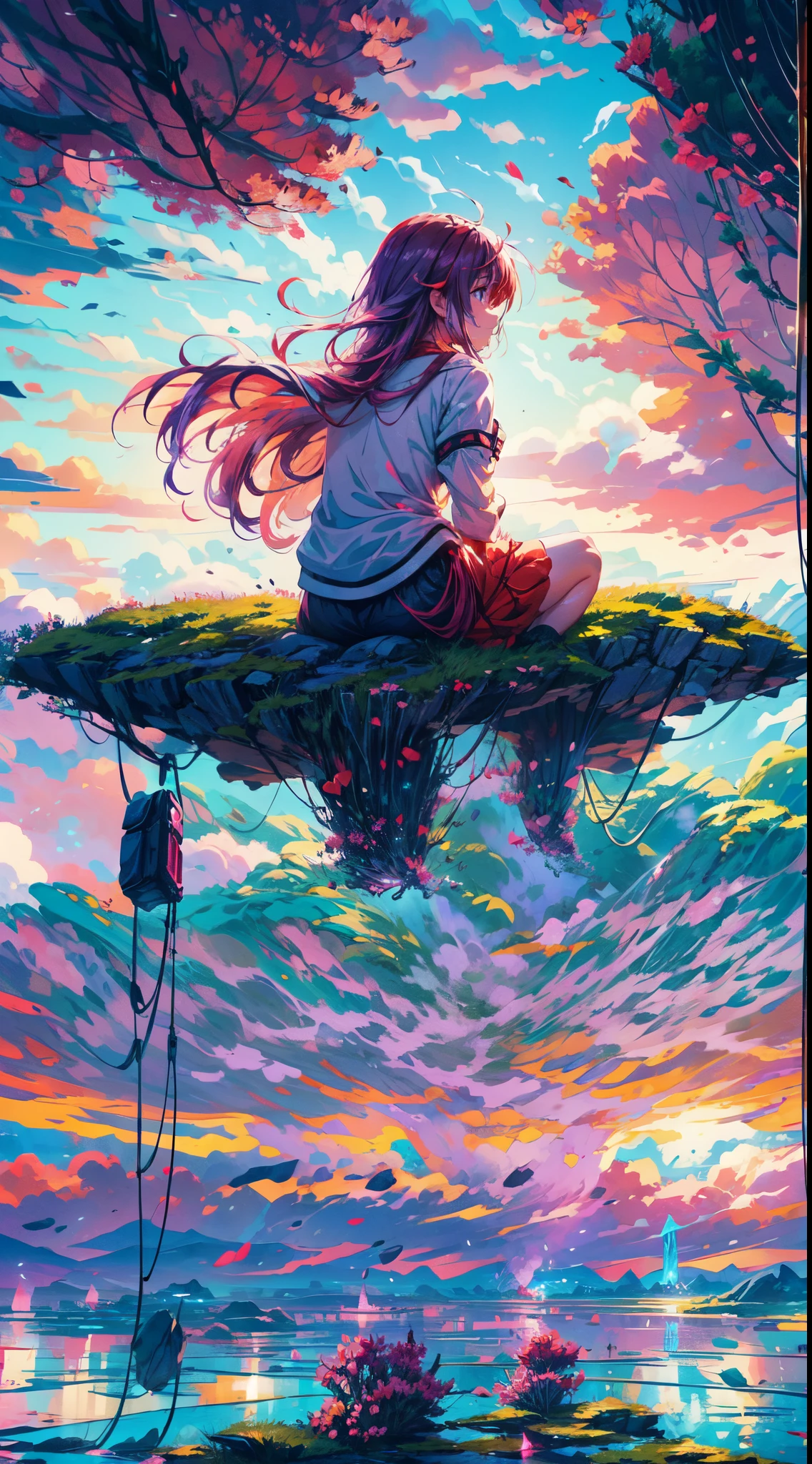 (best quality,4k,highres),from behind, focus on the scenery anime,girl sitting on floating rock stage in the sky,sunshine,colorful cloud sea,mesmerizing atmosphere,ambient lighting,red and purple sky