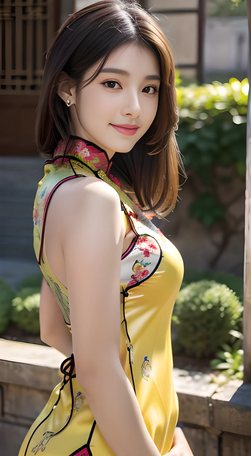 ulzzang -6500-v1.1, (Raw foto:1.2), (Photorealsitic:1.4), Delicate beautiful girl,The sparkling eyes have a very nice atmosphere...........................,13years, Attractive eyes and moist lips,cabelos preto e longos,(ssmile:1.3),Detailed depiction of the face,Formula details,Detailed depiction of facial features Star Masterpiece Fine Detail,Describe your role in detail,Detailed depiction of hair,Carefully drawn ,My body is bumpy,Detailed depiction of the hand,Clothes drawn in detail,Detailed depiction of the face,face perfect,Detailed depiction of the hand,4fingers and 1thumb:1.3),orthofacial,choker necklace,eardrop, Works of masters,Infinitely close to reality,(Full body photo:1.5),Highest image quality,best qualtiy,infinite details,8K分辨率,(((Beautiful patterned embroidered cheongsam 1.3))),((Yellow cheongsam))),(Ancient courtyard scene:1.3),A smile, Constriction of the lower back, sexy pose,Bold poses, Beautiful legs visible through the slit of a long skirt, large full breasts, neatly tied hair