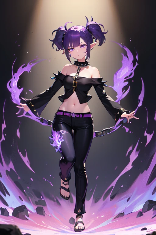 ((1girl)), ((Full body)), Short dark shirt that only reaches the navel, Elf's ears, (Sleepy and tired eyes),
Pants with chain on one side, purple hair, Short hair with pigtails and bangs, Purple eyeliner, purple eyes, with braceras on their hands in the shape of spikes, Spiked collar on the neck, ((Summoning powers with purple fire ))