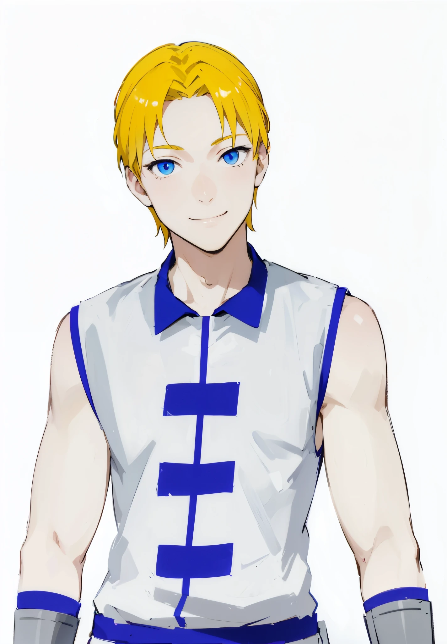 Anime blonde haired smiling boy with white and blue uniform holding a sword