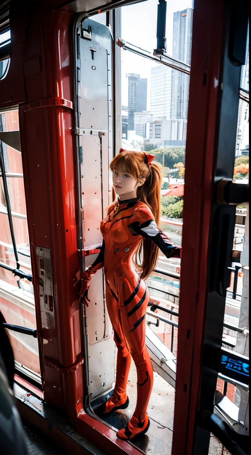 anime - style woman in a cat suit standing in front of a window, beautiful asuka from evangelion, full body zenkai! asuka suit, asuka from evangelion, asuka langley, asuka langley soryu, asuka langley sohryu, asuka langley souryuu, asuka suit under clothes!, from evangelion,vacuum combat suit,No.2 engine cab,asuka,asuka,eva,golden hair,Long hair,Loli little face,Pretty little face,Pretty girl with little face