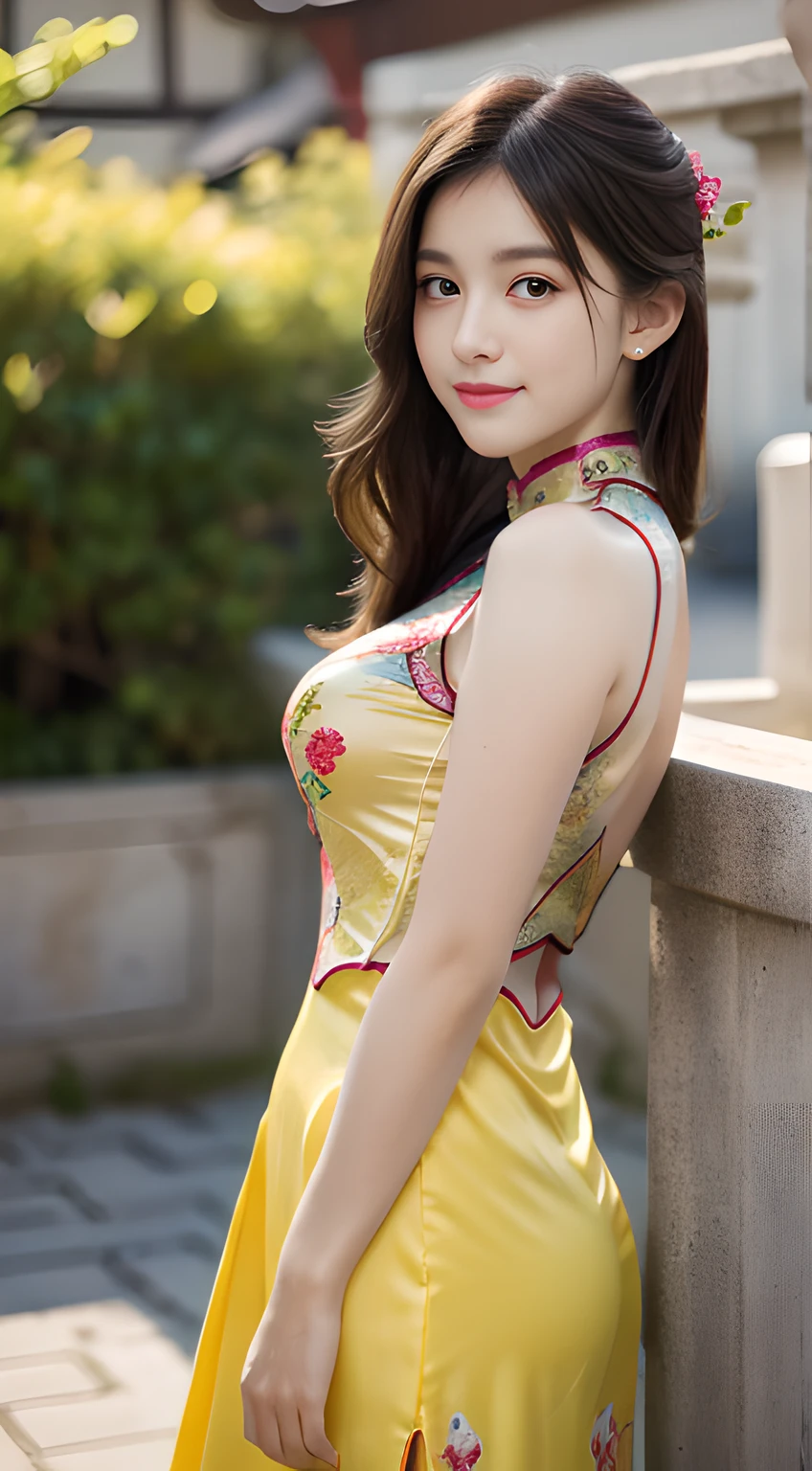 ulzzang -6500-v1.1, (Raw foto:1.2), (Photorealsitic:1.4), Delicate beautiful girl，The sparkling eyes have a very nice atmosphere...........................，13years, Attractive eyes and moist lips，cabelos preto e longos，（ssmile：1.3），Detailed depiction of the face，Formula details，Detailed depiction of facial features Star Masterpiece Fine Detail，Describe your role in detail，Detailed depiction of hair，Carefully drawn ，My body is bumpy，Detailed depiction of the hand，Clothes drawn in detail，Detailed depiction of the face，face perfect，Detailed depiction of the hand，4fingers and 1thumb：1.3），orthofacial，choker necklace，eardrop, Works of masters，Infinitely close to reality，（Full body photo：1.5），Highest image quality，best qualtiy，infinite details，8K分辨率，(((Beautiful patterned embroidered cheongsam 1.3)))，((Yellow cheongsam)))，（Ancient courtyard scene：1.3）,A smile, Constriction of the lower back, sexy  pose,Bold poses, Beautiful legs visible through the slit of a long skirt, large full breasts, neatly tied hair