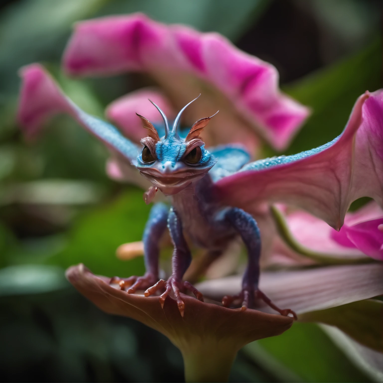 In the cave，A small gremlin that looks like a male rowing dragon, Alien creature, has leathery wings, cilia, semicircular pointed ears, comb, sitting on a pink-blue orchid flower, aerial roots, macro photography macro world.