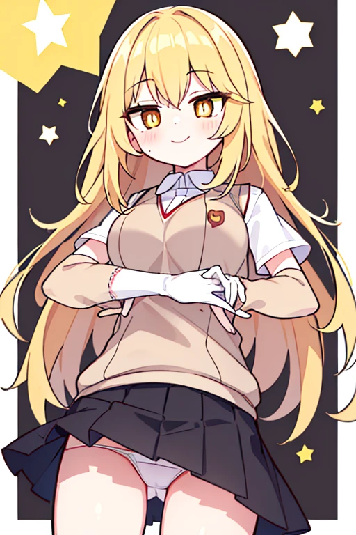 Misaki Shokuhou, Misaki Shokuhou, Blonde hair, hair between eye, Long hair, (symbol-shaped pupils:1.5), (Yellow eyes:1.5), Break Elbow Gloves, (Light brown sweater vest:1.2), White shirt, (Black bra), Pleated skirt, Miniskirt, (Best Quality, 8K, 32K, masutepiece, nffsw:1.3), 1girl in, (Abs, Slender figure, Perfect body :1.2), ((Very detailed)), (Perfectly detailed face), (Highly detailed hands), Smile, blush, White panty,up skirt,Lace panties, Girl seen from the floor, It's okay to wear a skirt, View from below, I can see my panties, cleavage cutout, Large breasts, White background,