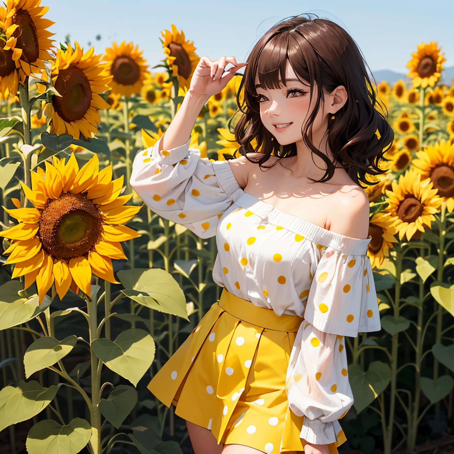 Absurd, Very detailed,Bright colors,(In 8K:1.3),Masseter region,Beautifully detailed face and eyes, Elementary school Japanese girl、Age 10、Height: 145cm,(Smooth wavy brown hair:1.3), (Glossy twin tails:1.2),(Straight bangs:1.2) Delicate and beautiful face, blush、(Dark brown eyes:1. A fluffy off-the-shoulder yellow and white short skirt with yellow polka dots:1.3), Navel exposed、Are standing around with sunflowers, Close your eyes and smile, showing your teeth., Sunflower field, Beautiful natural spots, Are standing, Detailed face.