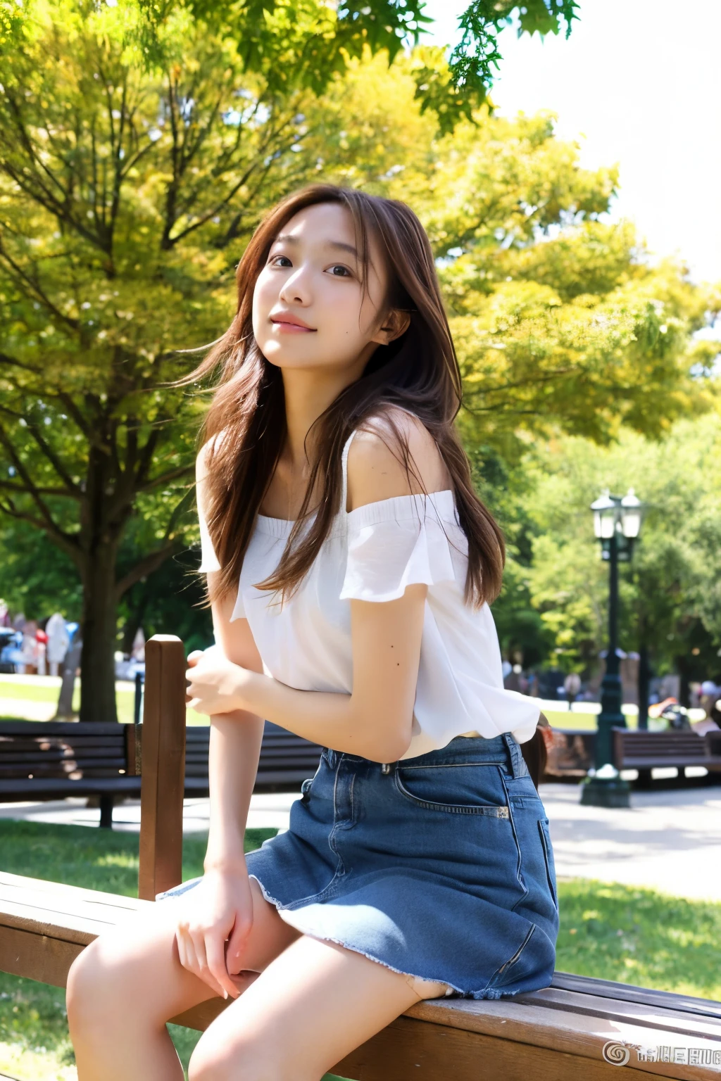 Best Quality、perfect face、full bodyesbian、Miniskirt flipping、A Japanese Lady、20
age、
Brown longhair、Hair fluttering in the wind、Facing the front、Daytime park、Sitting on a bench