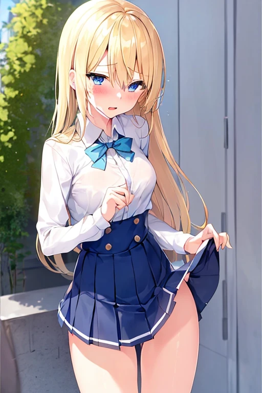 beautiful long blonde　blue eyes　small tit　student clothes　a miniskirt　One girl takes to the bathroom　Standing　(Girl peeing:1.2)　embarrassed from　Tears flow from my eyes and reach my inner thighs　Skirt lift　a street