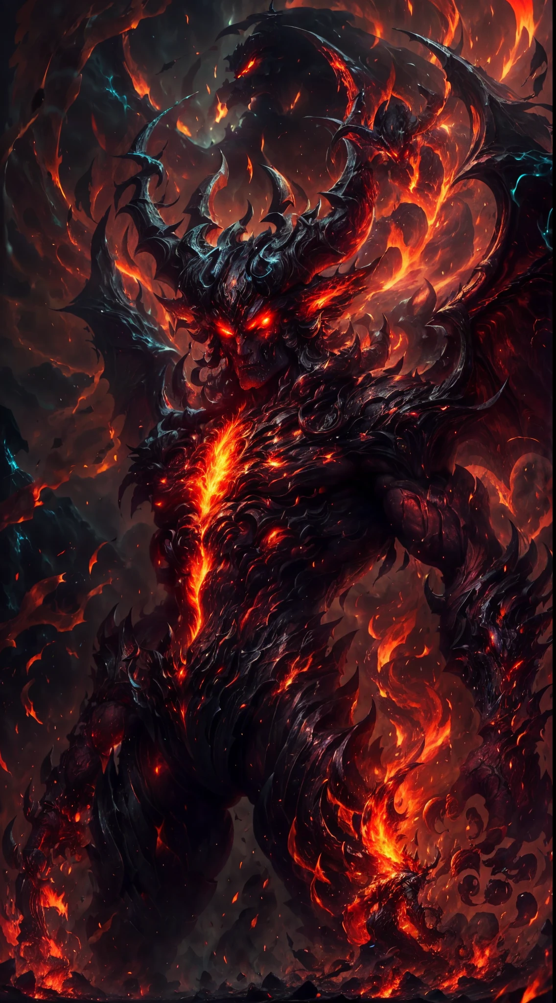 A humanoid devil, fierce face, fire demon, big burning demon wings, big horn, sharp thorn runs through body, full body, hellish demon, burning background, burning demon aura, devilish energy cracking, third eyes, glowing eyes, corrupted energy, fire spear, burning horn crown, demon tail, detailed devil wings, fire whip, close shot, drill hand, ,demonic energy crackling around the body,ominous burning background,hellish inferno as the backdrop,scorching flames,embers floating in the air,dark shadows dancing with fire,fiery landscape,flaming atmosphere,infernal glow,vibrant reds,orange hues,sharp contrast,ominous lightning,Detailed,Realistic,4k highly detailed digital art,octane render, bioluminescent, 8K resolution concept art, realism,by Mappa studios,masterpiece,best quality,official art,illustration,ligne claire,(cool_color),perfect composition,absurdres, fantasy,focused