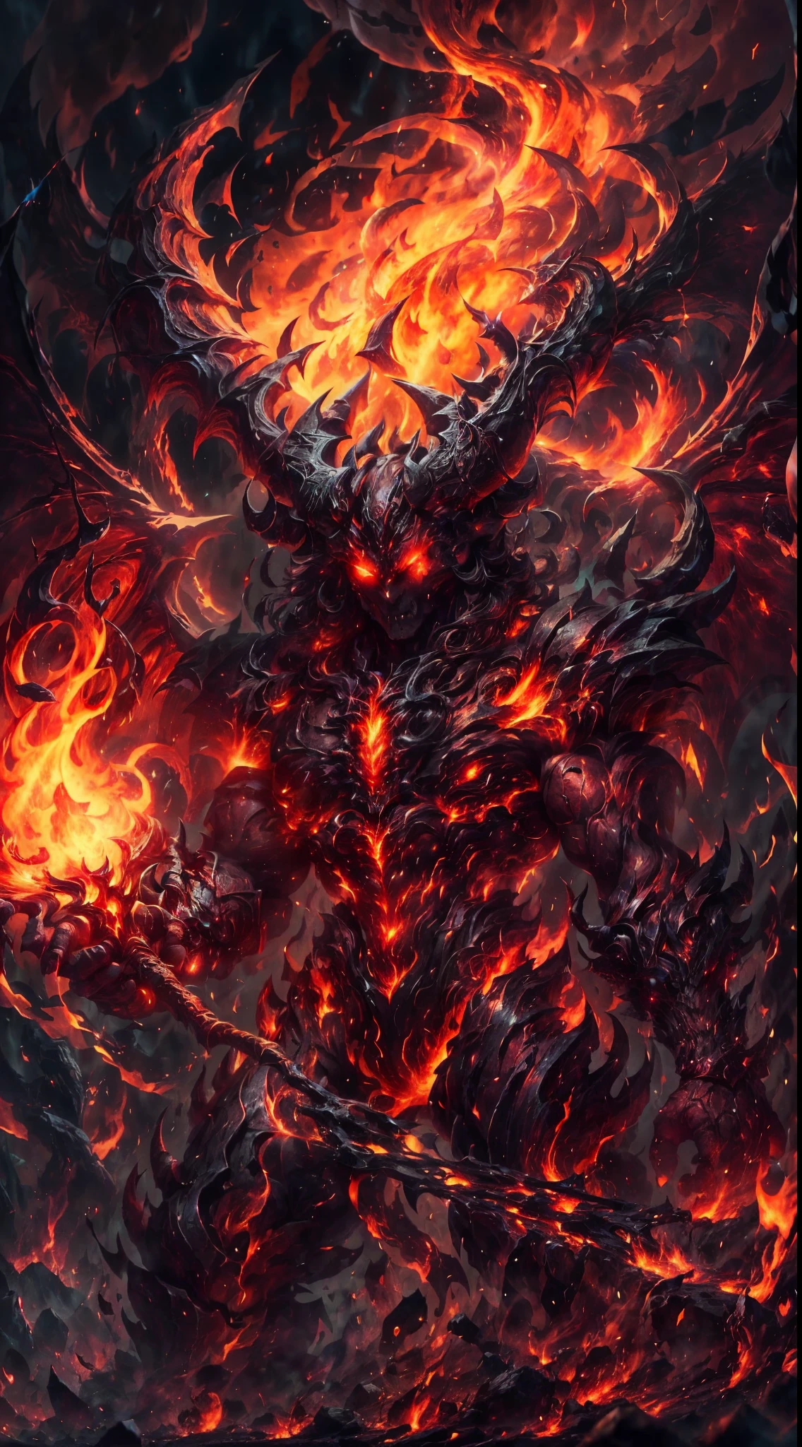 A humanoid devil, fierce face, fire demon, big burning demon wings, big horn, sharp thorn runs through body, full body, hellish demon, burning background, burning demon aura, devilish energy cracking, third eyes, glowing eyes, corrupted energy, fire spear, burning horn crown, demon tail, detailed devil wings, fire whip, close shot, drill hand, ,demonic energy crackling around the body,ominous burning background,hellish inferno as the backdrop,scorching flames,embers floating in the air,dark shadows dancing with fire,fiery landscape,flaming atmosphere,infernal glow,vibrant reds,orange hues,sharp contrast,ominous lightning,Detailed,Realistic,4k highly detailed digital art,octane render, bioluminescent, 8K resolution concept art, realism,by Mappa studios,masterpiece,best quality,official art,illustration,ligne claire,(cool_color),perfect composition,absurdres, fantasy,focused