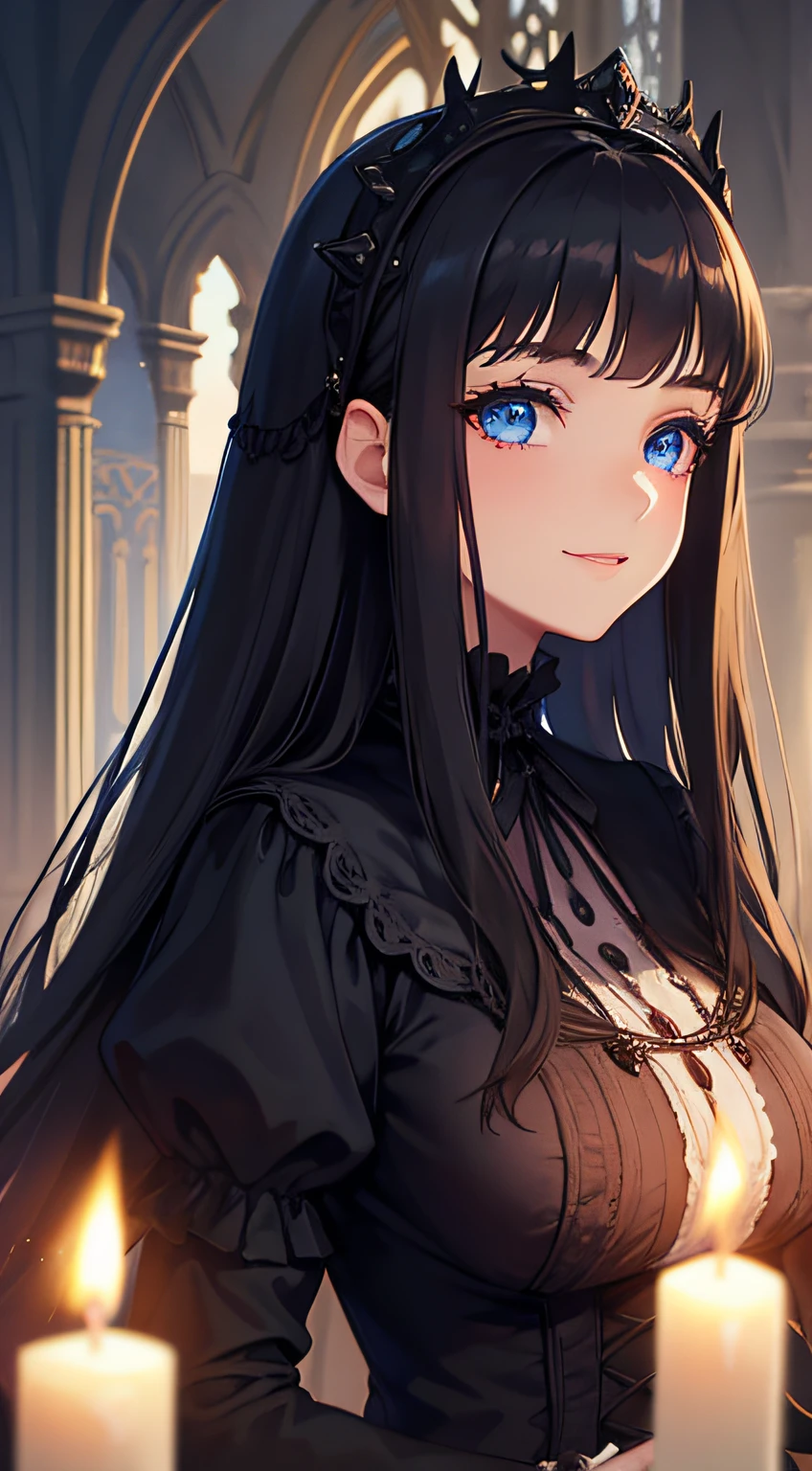 1girl, long brunette hair, blue eyes, smiling, looking at viewer, gothic victorian styled dress, gothic headdress, cathedral, cathedral candle holders, masterpiece, 8K, warm lighting, perfect clothes, perfect ???????, perfect eyes, perfect face, sharp resolution, face closeup