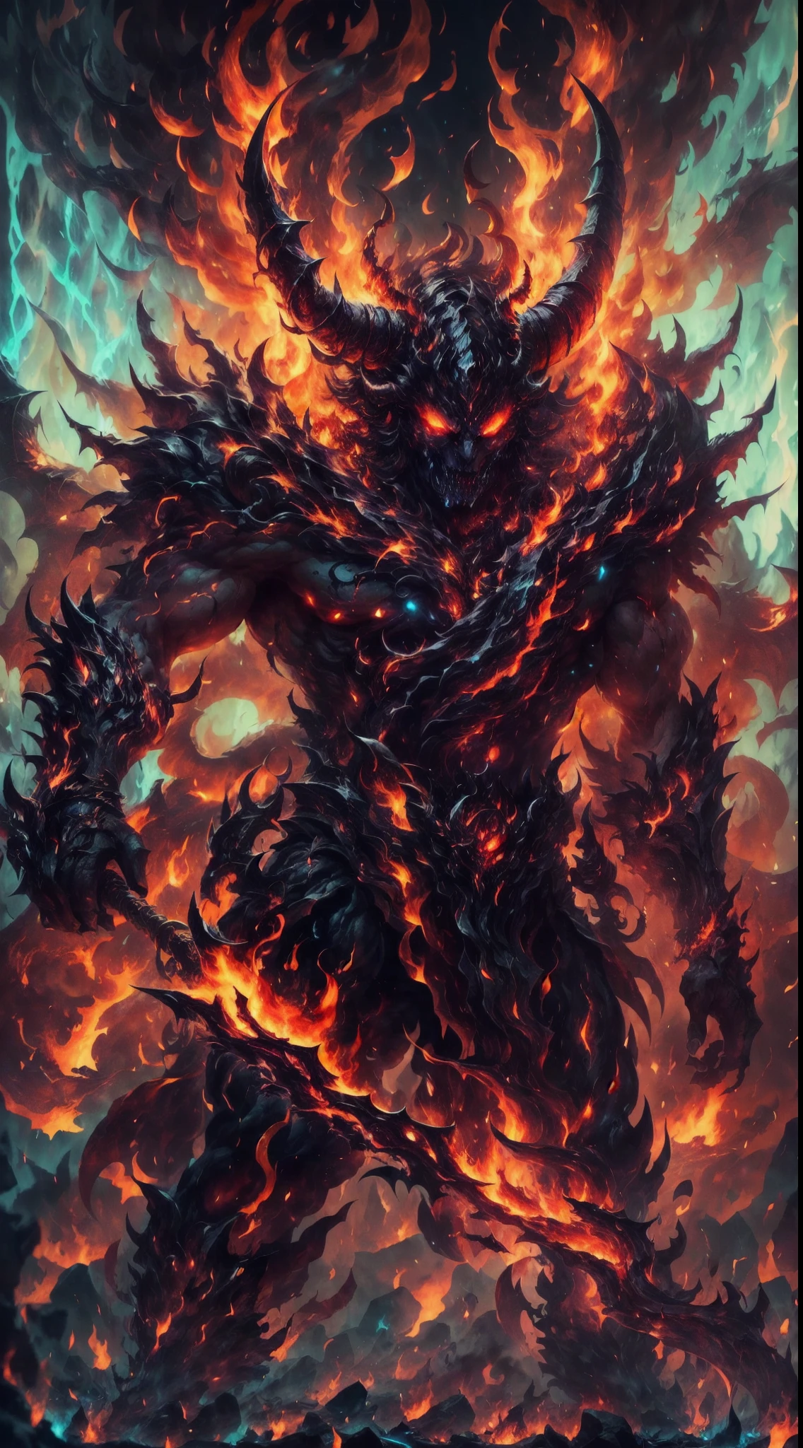 A humanoid devil, fierce face, fire demon, big burning demon wings, big horn, sharp thorn runs through body, full body, hellish demon, burning background, burning demon aura, devilish energy cracking, third eyes, glowing eyes, corrupted energy, fire spear, burning horn crown, demon tail, detailed devil wings, fire whip, close shot, drill hand, ,demonic energy crackling around the body,ominous burning background,hellish inferno as the backdrop,scorching flames,embers floating in the air,dark shadows dancing with fire,fiery landscape,flaming atmosphere,infernal glow,vibrant reds,orange hues,sharp contrast,ominous lightning,Detailed,Realistic,4k highly detailed digital art,octane render, bioluminescent, 8K resolution concept art, realism,by Mappa studios,masterpiece,best quality,official art,illustration,ligne claire,(cool_color),perfect composition,absurdres, fantasy,focused