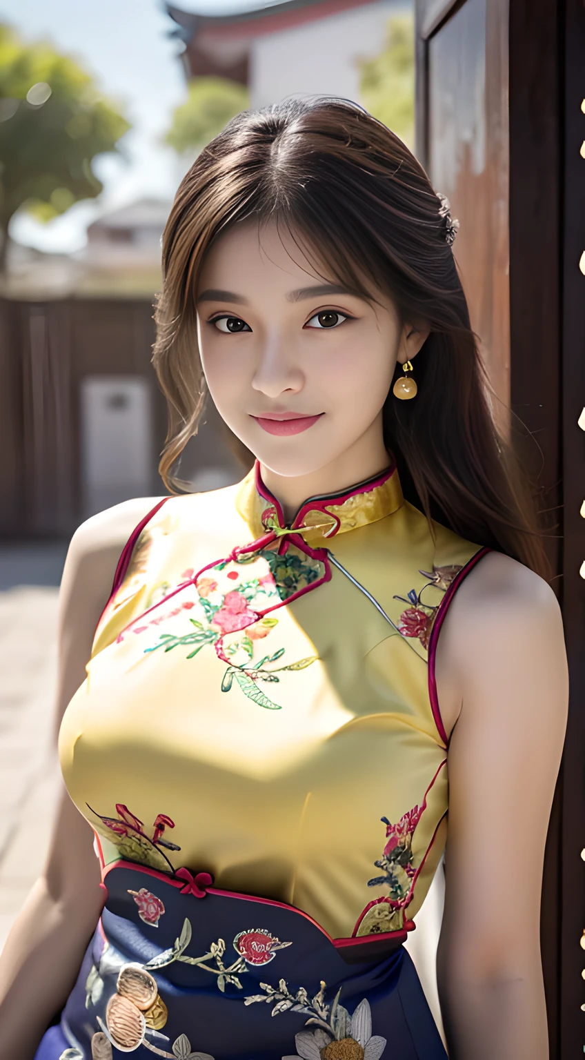 ulzzang -6500-v1.1, (Raw foto:1.2), (Photorealsitic:1.4), Delicate beautiful girl,The sparkling eyes have a very nice atmosphere...........................,13years, Attractive eyes and moist lips,cabelos preto e longos,(ssmile:1.3),Detailed depiction of the face,Formula details,Detailed depiction of facial features Star Masterpiece Fine Detail,Describe your role in detail,Detailed depiction of hair,Carefully drawn ,My body is bumpy,Detailed depiction of the hand,Clothes drawn in detail,Detailed depiction of the face,face perfect,Detailed depiction of the hand,4fingers and 1thumb:1.3),orthofacial,choker necklace,eardrop, Works of masters,Infinitely close to reality,(Full body photo:1.5),Highest image quality,best qualtiy,infinite details,8K分辨率,(((Beautiful patterned embroidered cheongsam 1.3))),((Yellow cheongsam))),(Ancient courtyard scene:1.3),A smile, Constriction of the lower back, sexy pose,Bold poses, Beautiful legs visible through the slit of a long skirt, large full breasts, neatly tied hair