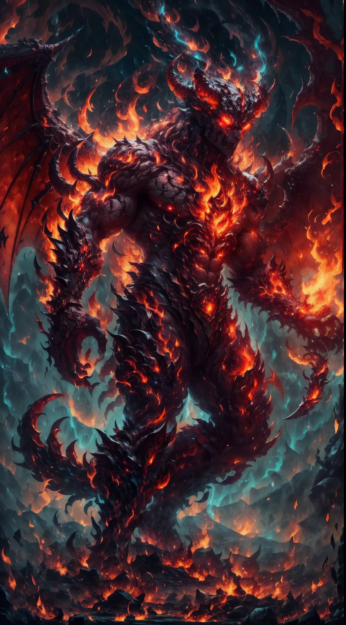 A humanoid devil, fierce face, fire demon, big burning demon wings, big horn, sharp thorn runs through body, full body, hellish demon, burning background, burning demon aura, devilish energy cracking, third eyes, glowing eyes, corrupted energy, fire spear, burning horn crown, demon tail, detailed devil wings, fire whip, close shot, drill hand, ,demonic energy crackling around the body,ominous burning background,hellish inferno as the backdrop,scorching flames,embers floating in the air,dark shadows dancing with fire,fiery landscape,flaming atmosphere,infernal glow,vibrant reds,orange hues,sharp contrast,ominous lightning,Detailed,Realistic,4k highly detailed digital art,octane render, bioluminescent, 8K resolution concept art, realism,by Mappa studios,masterpiece,best quality,official art,illustration,ligne claire,(cool_color),perfect composition,absurdres, fantasy,focused