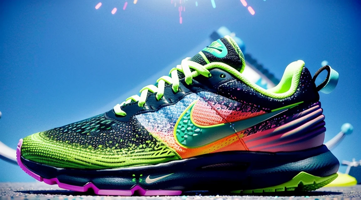 A cute 3d Nike shoes was rendered in the most obnoxious color, Nike brand, in the style of afrofuturism, reefwave, futuristic, dotted, bulbous, soft sculptures, rendered in cinema4d, close up --niji 5 --ar 3:4