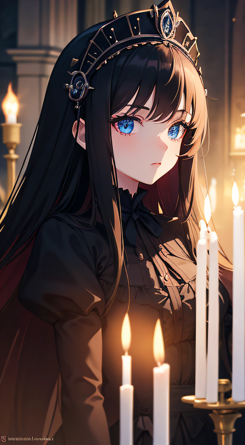 1girl, long brunette hair, blue eyes, calm expression, looking at viewer, black gothic victorian styled dress, gothic headdress, (night), cathedral, candles, masterpiece, 8K, warm lighting, perfect clothes, perfect anatomy, perfect eyes, perfect face, sharp resolution, face closeup