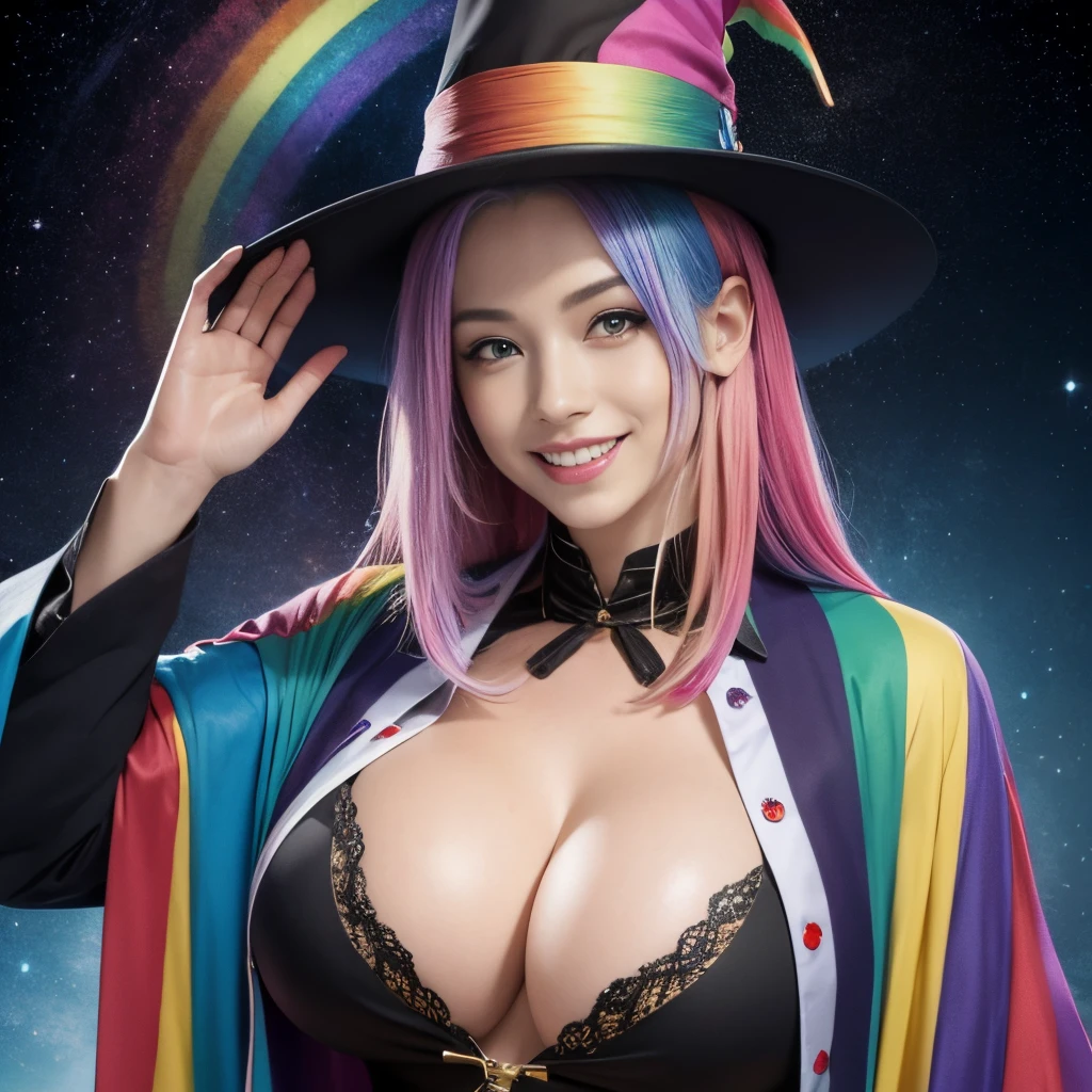 , rainbow hair, magician, wizard, stars, wizard hat, big breasts, facing forward, smile