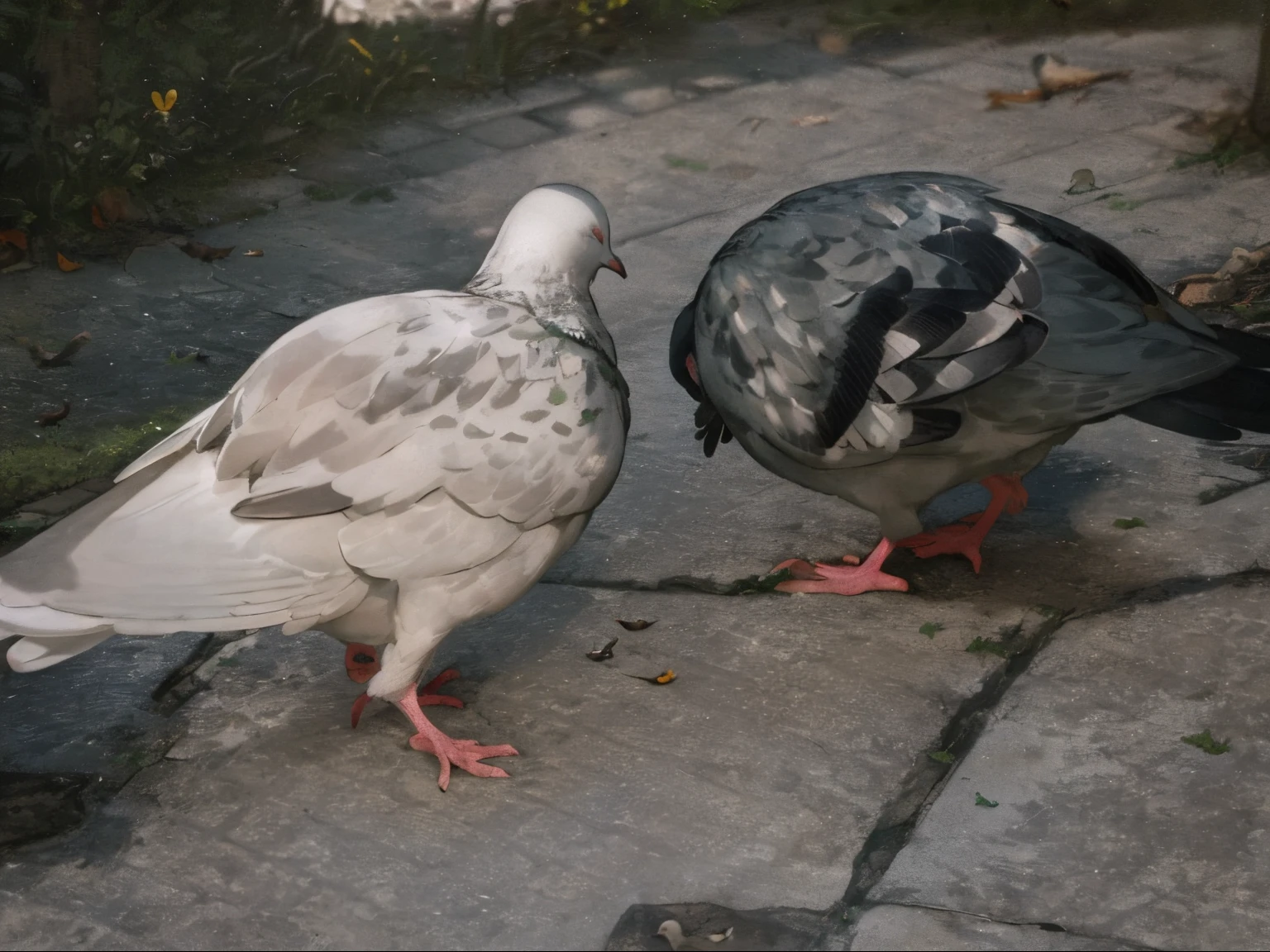 there are two pigeons standing on the ground next to each other, doves, pigeon, male and female, birds are all over the ground, doves : : rococo, by Jan Tengnagel,  pair of twins, dove, on the sidewalk, taken with a pentax k1000, photo taken from behind, medium shot taken from behind
