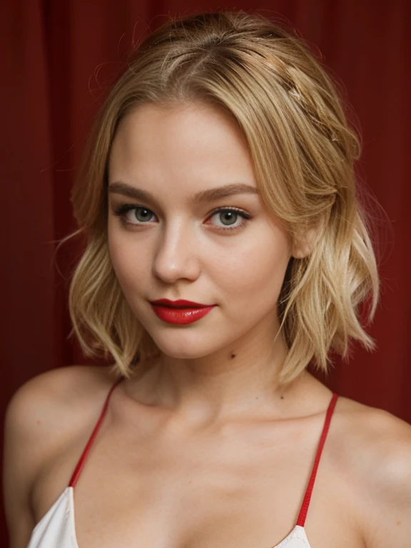 Blonde cute girl with red lipstick