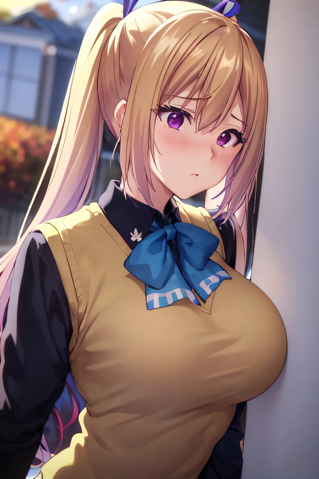 ​masterpiece, (top-quality), 1womanl,1girl in,1 boy,,kawakami_touko, blonde  hair, length hair, side poneyTail, a purple eye, Sweater Vest, 校服, skirt by the, Big breasts,bow ribbon, Hair Ribbon, Mole under the eyes,Female sexy, embarrassed from,red blush, vivd colour,,natural soft light,nffsw, , Beautiful fece, (详细的脸:1.2), showcase, (perfect  eyes:1.1) ,(Photorealsitic:1.1), 8K UHD, Look at viewers, outside of house, simple background