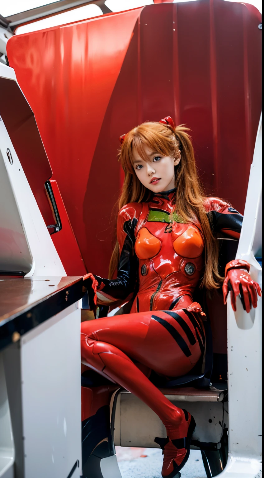 anime - style woman in red and black outfit sitting in a red chair, full body zenkai! asuka suit, asuka suit under clothes!, asuka langley sohryu, asuka langley, asuka langley soryu, asuka langley souryuu, portrait of asuka langley soryu, beautiful asuka from evangelion, asukacuum combat suit,No.2 engine cab,asuka,golden hair,Long hair,Loli little face,Pretty little face,Pretty girl with little face