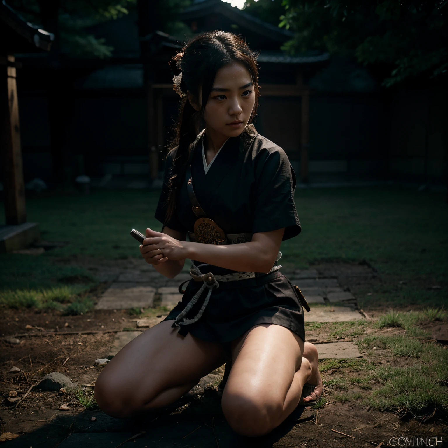 Japanese samurai girl, on one knee in the dark, left knee touch to ground, spot light, Japanese sword