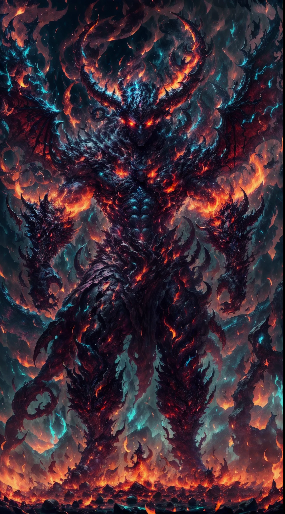 A humanoid devil, fierce face, fire demon, big burning demon wings, big horn, sharp thorn runs through body, full body, hellish demon, burning background, burning demon aura, devilish energy cracking, third eyes, glowing eyes, corrupted energy, fire spear, burning horn crown, demon tail, detailed devil wings, fire whip, close shot, drill hand, ,demonic energy crackling around the body,ominous burning background,hellish inferno as the backdrop,scorching flames,embers floating in the air,dark shadows dancing with fire,fiery landscape,flaming atmosphere,infernal glow,vibrant reds,orange hues,sharp contrast,ominous lightning,Detailed,Realistic,4k highly detailed digital art,octane render, bioluminescent, 8K resolution concept art, realism,by Mappa studios,masterpiece,best quality,official art,illustration,ligne claire,(cool_color),perfect composition,absurdres, fantasy,focused