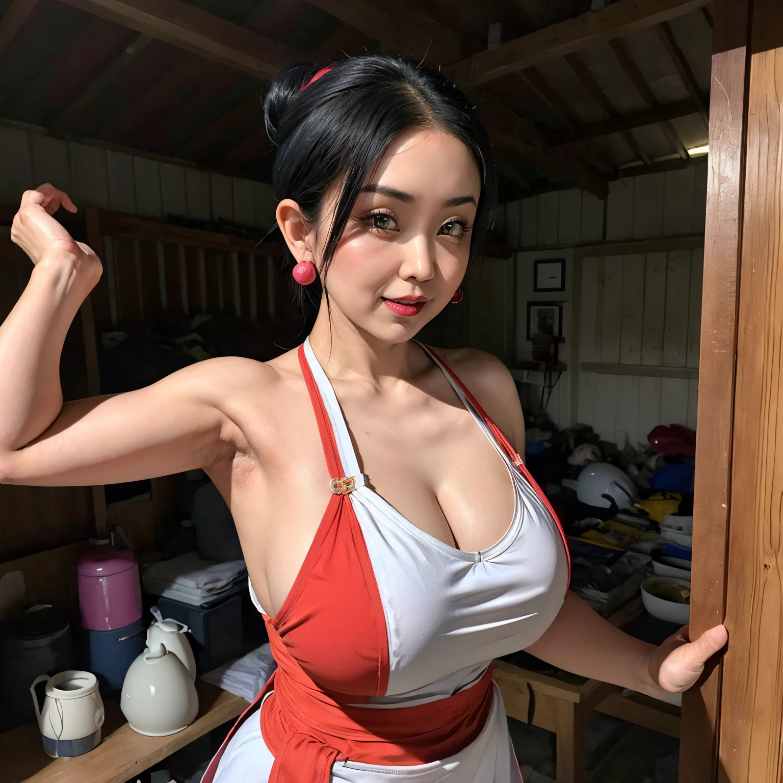 (masterpiece:1.1, Best Quality:1.1, 32K HDR, High resolution), (1girl in, Solo), Ultra-realistic portrait of Chi-Chi, ((Older Chichi, dragonball z, Mature Chichi, A MILF Chichi)), ((realistic Chichi’s hair style, Black hair, updo hair, Dango Hair, red hair band, Yellow china dress, Chinese battle dress)), earrings, gigantic cleavage, Colossal tits, Huge boobs, huge-breasted, ((spilled nipples out from naked Apron)), (Inside an abandoned hut:1.1, Perfect slim body:1.1), hyper detailed face, Detailed eyes, Realistic skin texture, Detailed explanation of the skin, ((exposed shaved armpits, show me her shaved armpits)),