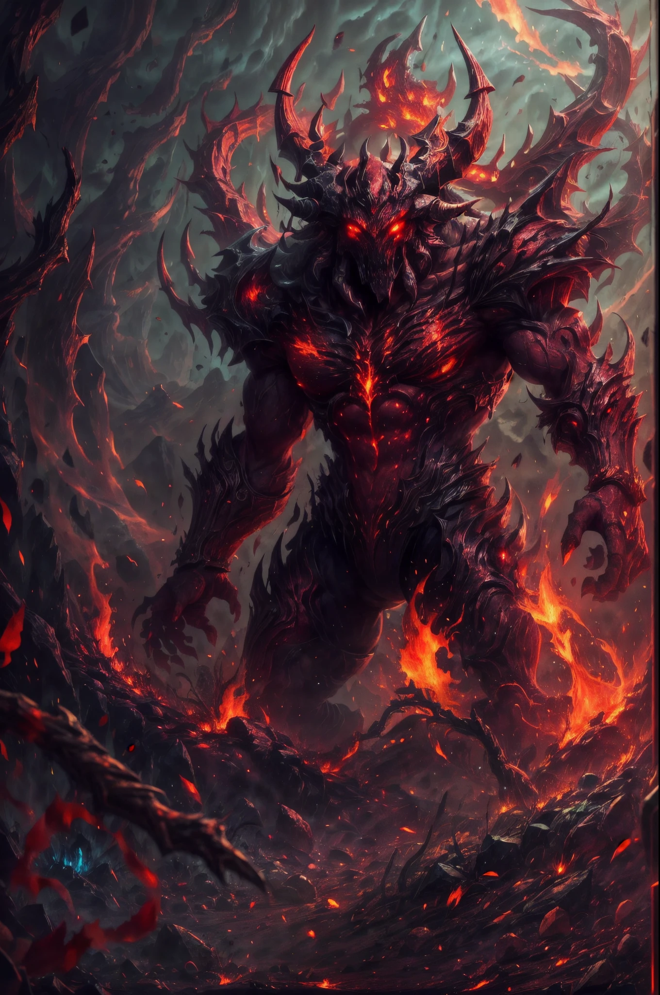A red skin humanoid demon came from hell, red scale in some of its body, several horns on its head create a crown, glowing red eyes,big burning fire demon wings, BREAK big scary mouth with razor teeth, sharp claw, thorn on body, blood on body, a lot of fire, twisted tail with sharp blade, death aura, red power, small thorn run along it's body, BREAK magma and lava rock  in the background, broken ground, red sky, burning ground, hell background, horror film, scary atmosphere, BREAK,Detailed,Realistic,4k highly detailed digital art,octane render, bioluminescent, BREAK 8K resolution concept art, realism,by Mappa studios,masterpiece,best quality,official art,illustration,ligne claire,(cool_color),perfect composition,absurdres, fantasy,focused