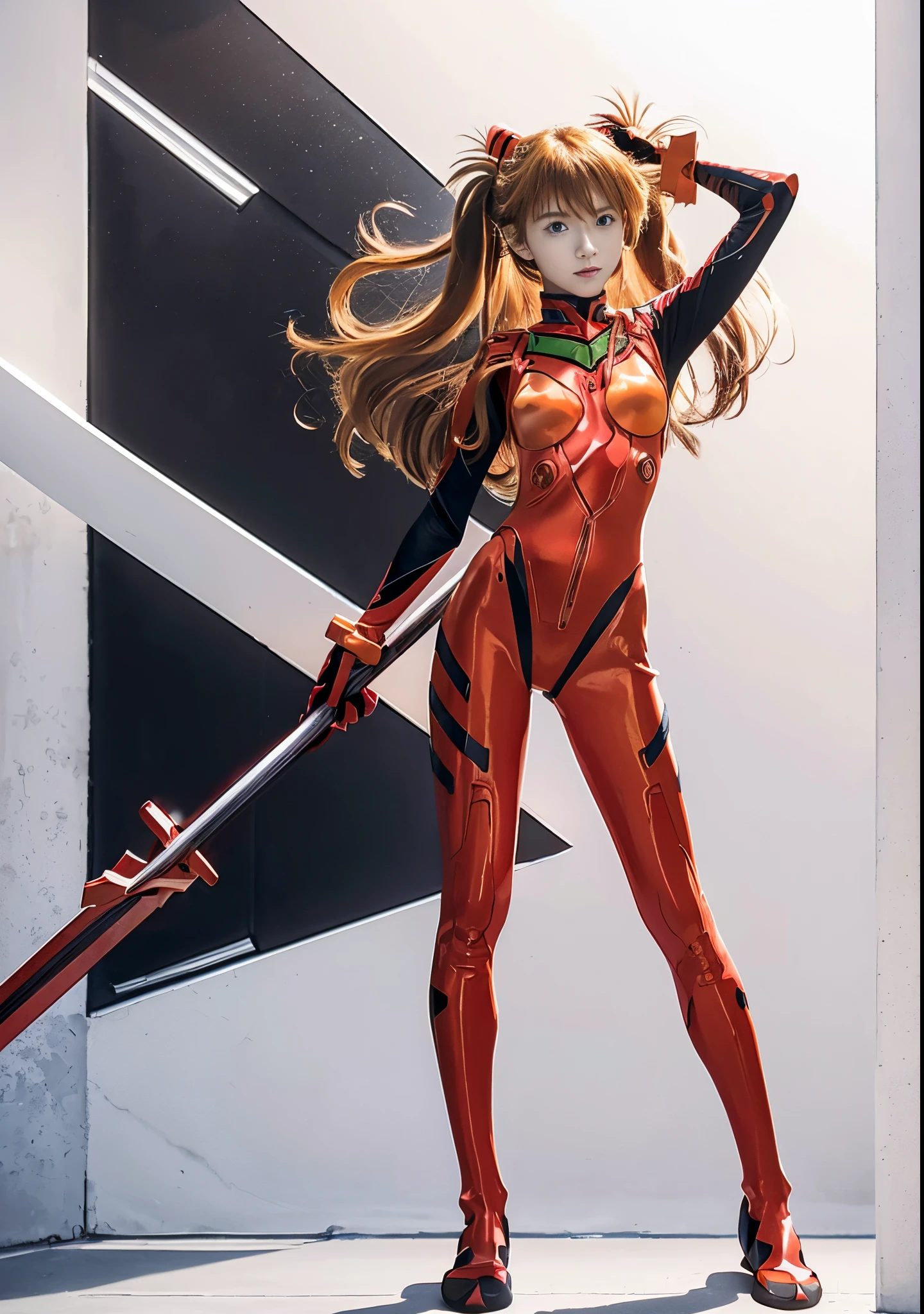 araffe woman in a red suit holding a sword and a sword, asuka langley sohryu, full body zenkai! asuka suit, asuka langley soryu, beautiful asuka from evangelion, asuka langley, asuka langley souryuu, asuka, asuka from evangelion, portrait of asuka langley soryu，vacuum combat suit，No.2 engine cab，asuka，golden hair，Long hair，Loli little face，Pretty little face，Pretty girl with little face，vacuum combat suit，No.2 engine cab，asuka，golden hair，Long hair，Loli little face，Pretty little face，Pretty girl with little face，She holds the red spear of Longinus