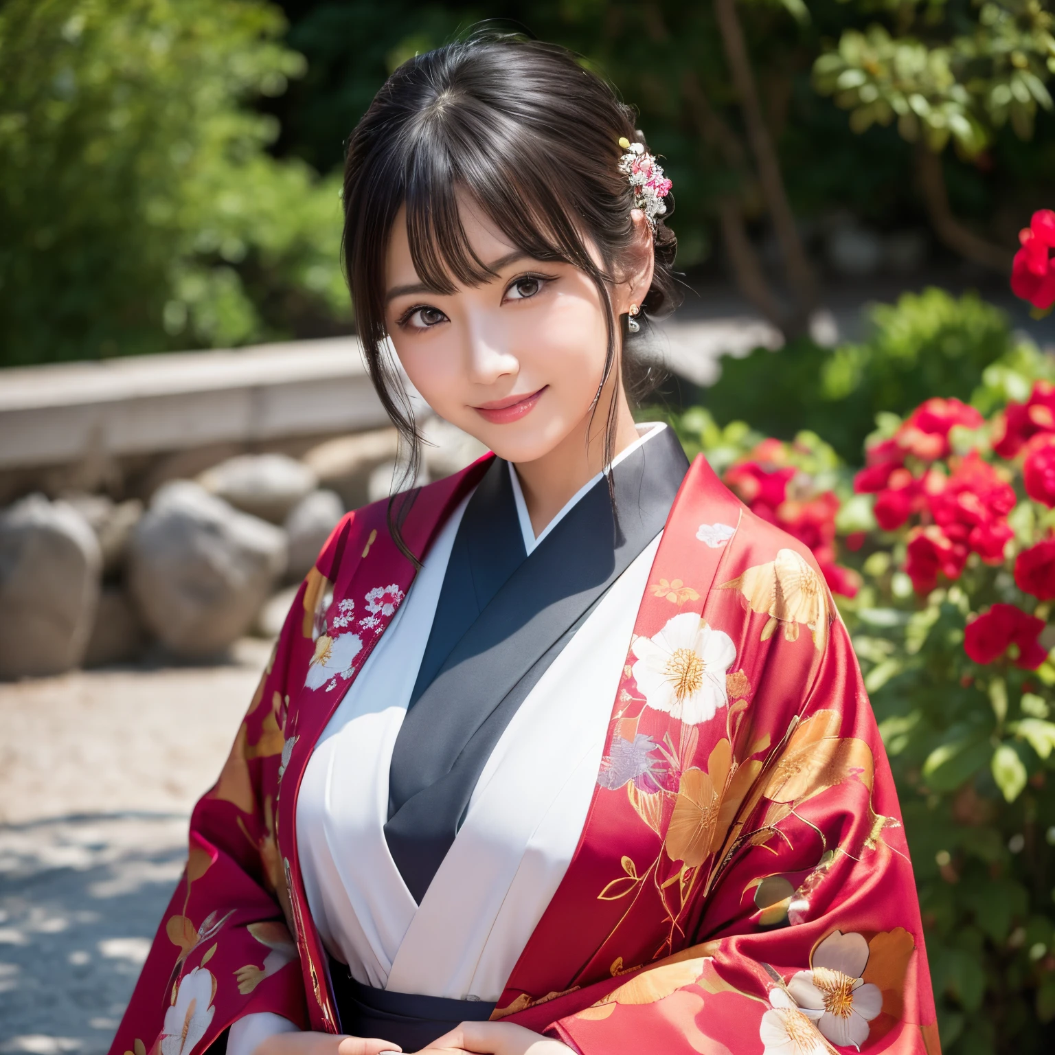 8K、top-quality、超A high resolution、Kimono、Colossal tits、A dark-haired、A smile、Dense face、Official art、dynamicposes、8K Picture Wallpaper、professional photograpy、Japanese men in general