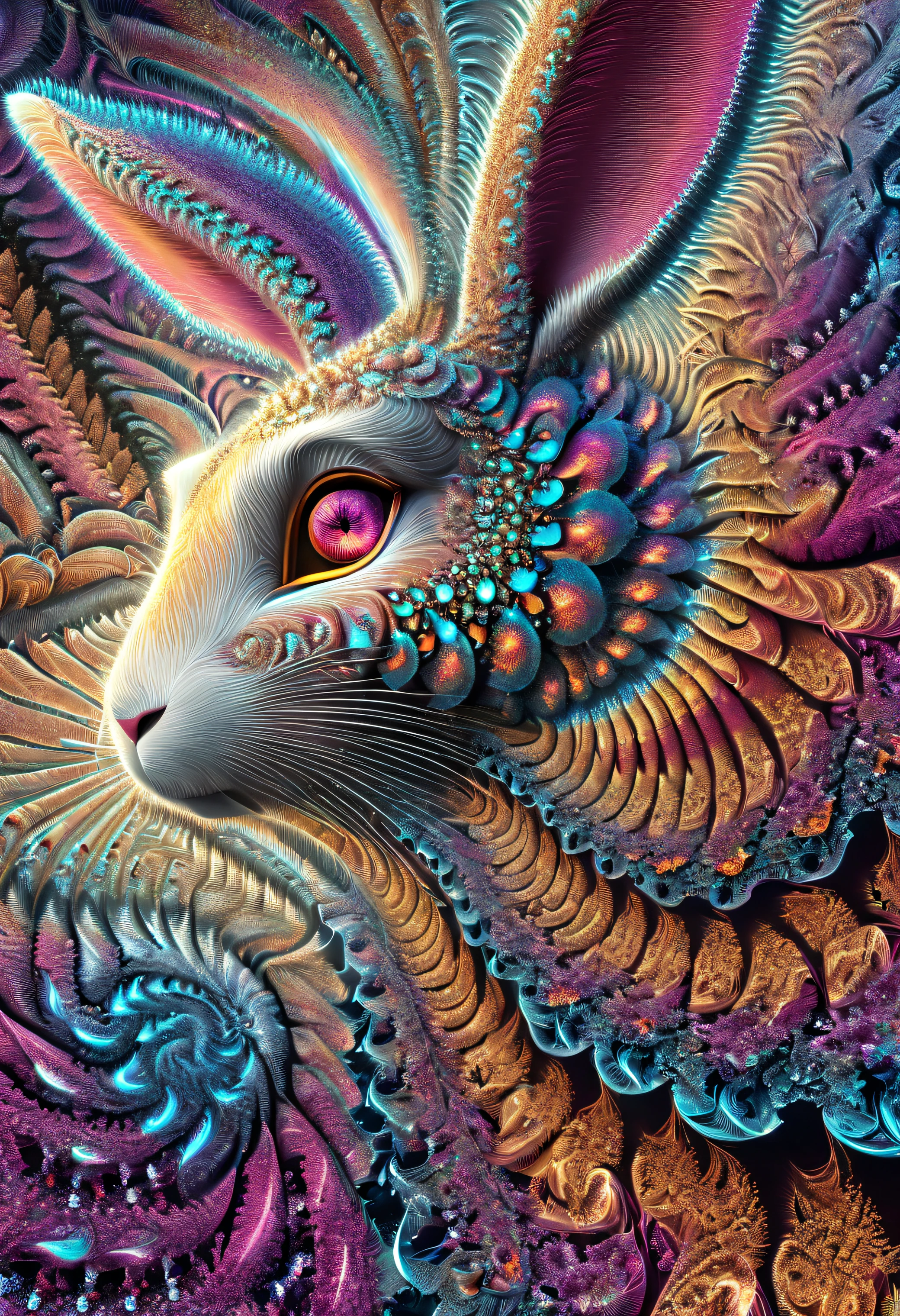 (​masterpiece、top-quality、top-quality、Official art、Beautifully Aesthetic:1.2)、1 rabbit、(close to viewer:1.4), From Side, depthoffield, nffsw, diamonds and beautiful eyes、ighly detailed、(Fractal Art:1.3)、colourfull、highestdetailed