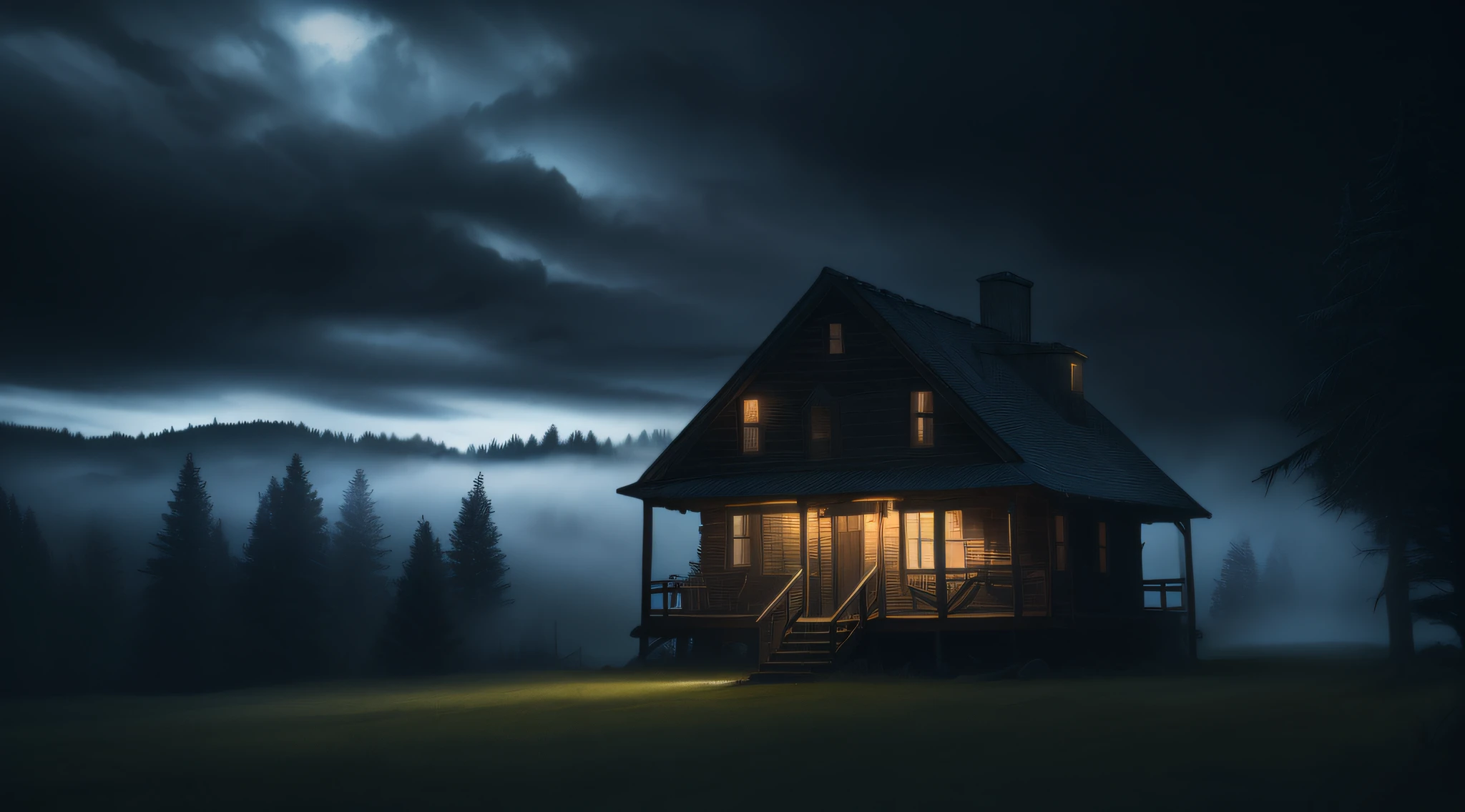 night scene of a cabin in the forest with a dark sky, foreboding and eerie lighting, cena noturna mal-humorada, subtle fog and mood lighting, Moody atmospheric lighting, atmospheric eerie lighting, inspirado em Gregory Crewdson, fantasy atmospheric lighting, octan render. mistborn, Gloomy Illumination, location of a dark old house, atmospheric fog and lighting, atmosfera assustadora e assustadora