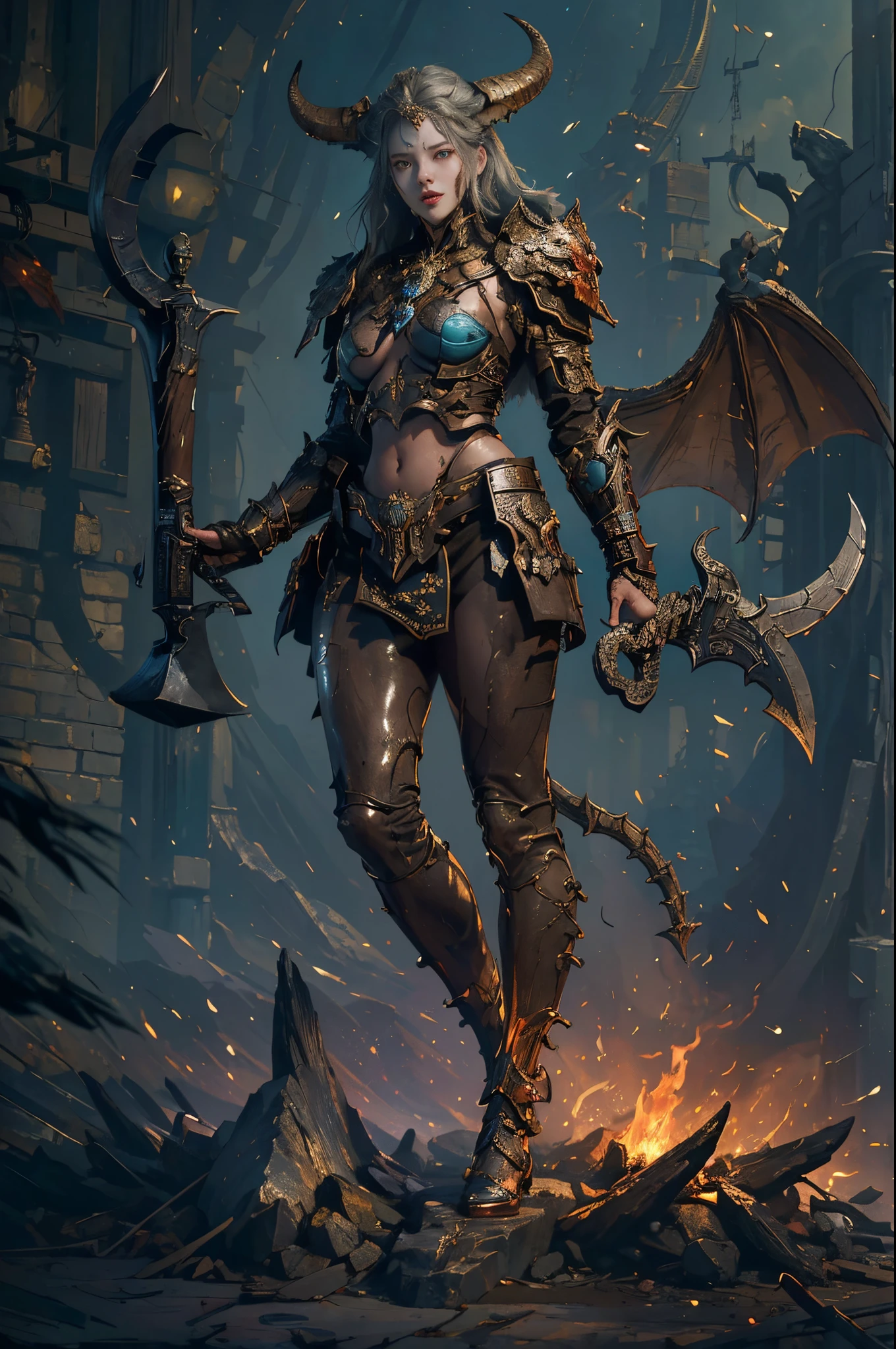 ((Sculpture design)),((full body portrait of person:1.6)),((undying)),((tmasterpiece)),Create a logo based on:(femele:1.4), ((tmasterpiece, Best quality)), Dressed in D14bl0 style,femele,'好色的,demons,drak,The horns are ridiculously big,demonic wings,black-skinned, musculous, (()),White hair, Detailed background depth of field,Wear military uniforms,Pick up the axe,red - eyed,Stand at the highest part of the city,Observe the city,Under the demon army,Epic war fantasy digital art,tmasterpiece,high high quality,8K,UHD resolution,Detailed detail drawing,realistically,Very realistic,电影灯光,an award winning photograph,many color,Hyper-realistic texture,dramatic lights,((Detailed faces)),詳細な目,((sinister laughter)),((plumw)),((Anatomically perfectly proportioned and slim waist)),((Clean the skin)),((anatomically correct limbs)),((correct hand)),((Complete and beautiful five fingers)),(greg rutkovsky:0.8), (cyan and orange:0.4),