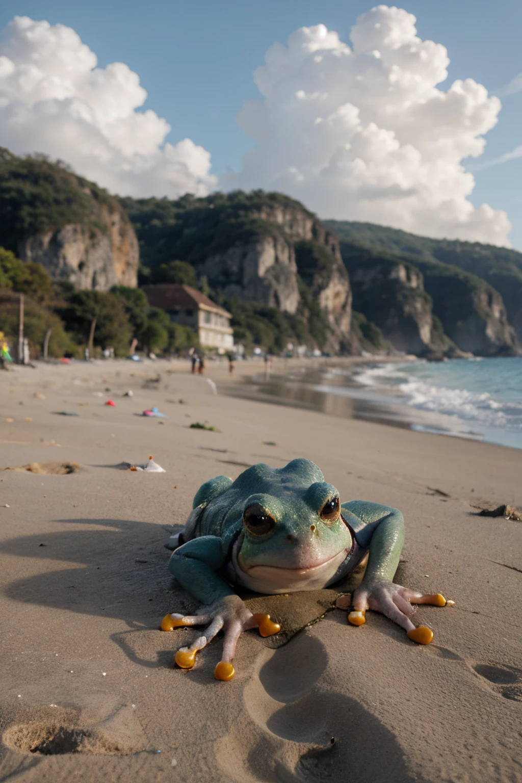 Hand drawn frog，Sunbathing on the beach，with blue sky and white clouds