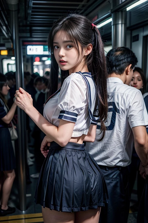 ((Naked 10 years old loli little face girl with very low height))、、(Naked very loli and chibi girl),Grab from behind、12 year old sexy idol、((High school girl in short sailor suit with short sleeves and broken)),(Sailor collar),(Grabbing your  from behind on a crowded train)、(broken dark blue pleated skirt:1.3)、full body nudist Beautiful Girl１a person、((Japan man grabs schoolgirl ocks from behind))、((((molesting))))、Touching your ocks from behind on the bus、(red blush)、((huge-breasted)),、((Very small face))、((( act、erotick)))、((Skirt flipped up、broken panties))、(High twin tails)Large Hair Ribbon、high-level image quality、realisitic、(((agony、angry expressions)))、(((Japan men in suits touch chest and )))、((Japan man in suit grabs huge breasts))、(((On a crowded train)))、((Small panties with horizontal stripes)),Turned,(())