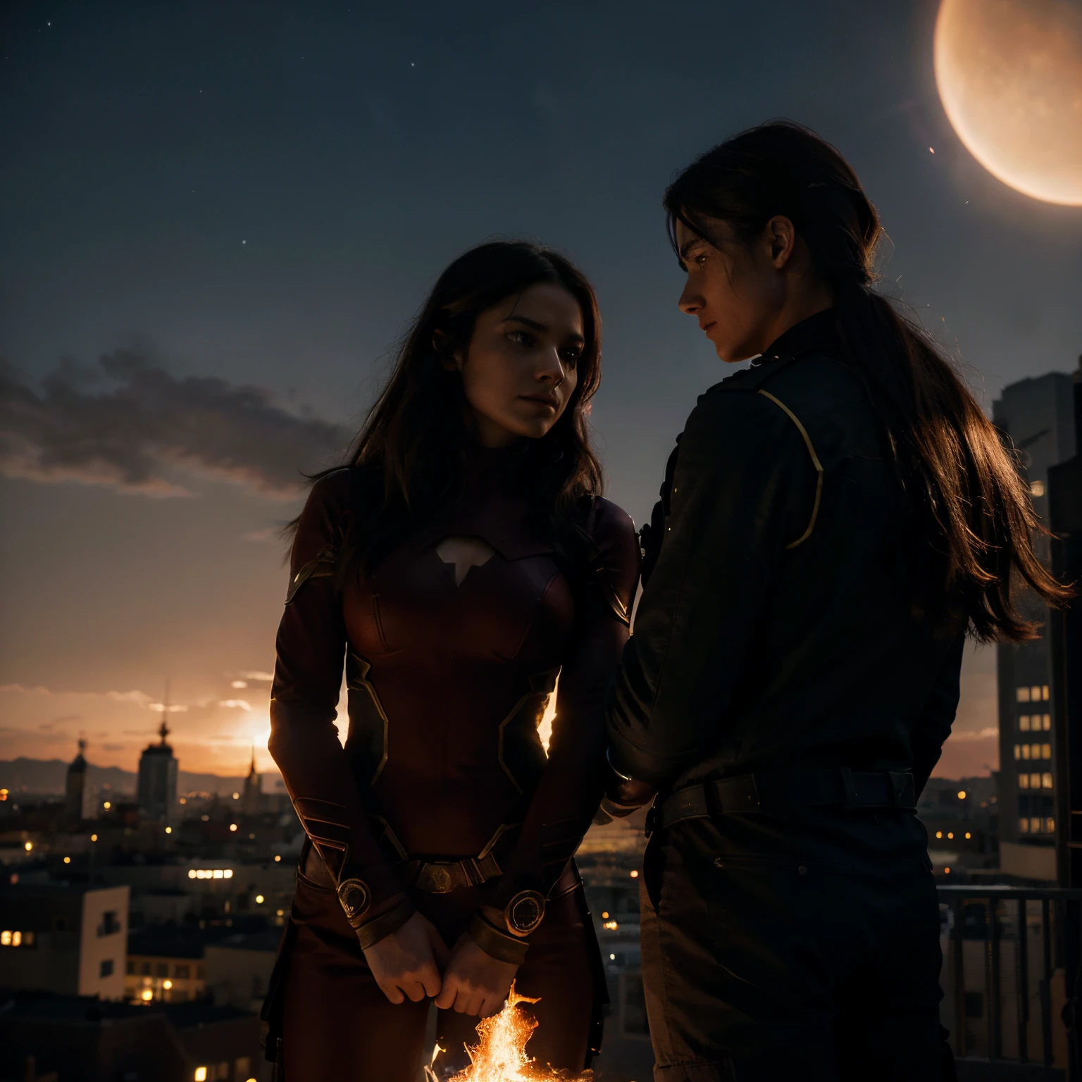A moonlit rooftop where Aurora and Blaze first meet in their civilian identities, unaware of each other’s powers.
	2.	An action-packed scene of the duo using their powers in tandem to save civilians from a collapsing building.
	3.	A quiet moment in their secret hideout, surrounded by superhero gear, as they share their vulnerabilities and fears.
	4.	A cityscape silhouette at sunset, with Aurora’s radiant energy illuminating the sky and Blaze’s flames casting a warm glow.
	5.	An intense confrontation with the primary villain, capturing the dynamic energy of their combined powers in a climactic battle.
	6.	A montage of the heroes in various disguises, navigating daily life while concealing their true identities.
	7.	A close-up of their intertwined hands, showcasing the connection between Aurora’s light and Blaze’s fire.
	8.	A secret underground lair filled with advanced technology and mementos of their heroic exploits.
	9.	A panel capturing the complexity of their emotions as they struggle with the challenges of balancing love and duty.
	10.	A triumphant shot of Aurora and Blaze standing side by side, overlooking the city they’ve tirelessly protected, with a sense of accomplishment and unity.
