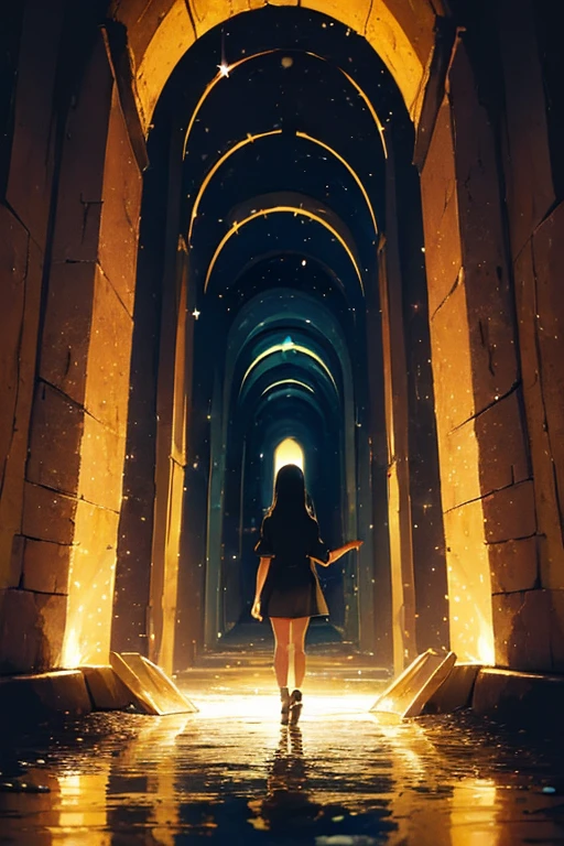(Twinkle: 1.5), Sequins, (Girl), (Cute), (A time tunnel suddenly appears in the deep darkness and begins to move.The entrance looks as if it leads to another dimension.The inside of the tunnel is filled with colorful lights. The light symbolizes the flow of time and shows the path to the past, present, and future, and you can feel the existence of an unseen world at the end of the tunnel, and through this time tunnel. A journey beyond time and space begins.)