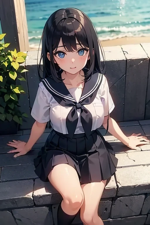 (8K、Raw photography、top-quality、masterpiece:1.2)、(realisitic、Photorealsitic:1.37)、ultra-detailliert、超A high resolution、see the beholder、beautifull detailed face、Shy laughter、Constriction、(Slim waist:1.3)、(Blue eyeodiesian with big and beautiful breasts body portrait、Super delicate and cute girl with black hair、length hair、High school students、18year old、Dark hair、White sailor suit、Black pleated skirt、White Bobby Socks、)blue on the chest、Beautiful detailed skin、Skin Texture、shinny skin,floated hair、profetional lighting、girl with、Solo、1 persons、summer clothing、with blush cheeks、