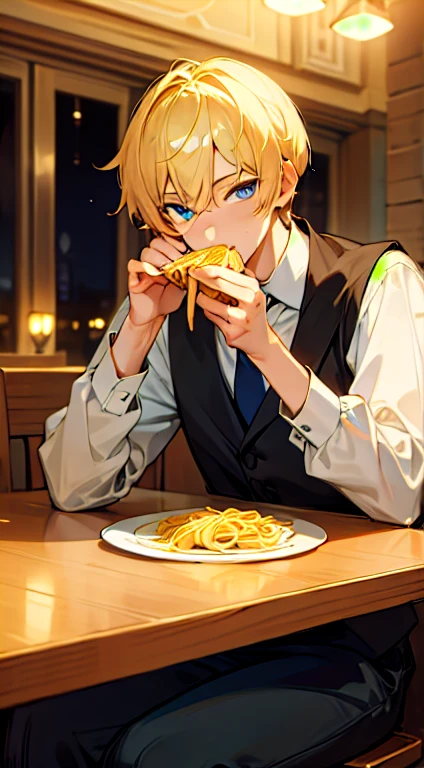 1boy, sitting on a table, in a restaurant, Blue eyes, detailed eyes, blonde short hair, handsome, eating pasta, wear school uniform, night, lamps, best quality, Masterpiece