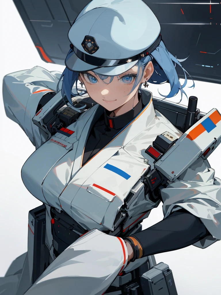 (masterpiece, best quality), looking at viewer, blue eyes, Sci-fi imagery, japanese, military uniforms, police-like organizational uniforms, combat-friendly attire, futuristic, functional, female commanders, 20 years old, smile, jewelry, earrings,