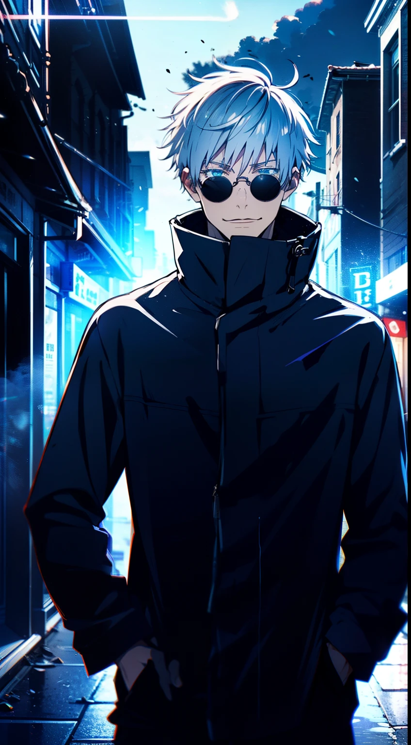 ruined, 1guy, self, epic composition, city ​​street, Japan, deserted street, the night, flashing in the background, Red and blue color, (tmasterpiece, beste-Qualit: 1.2), male focus, 1boy, Gojo Satoru, round eyewear, Sunglasses, hands in pocket, blindfold, black jacket, (Masterpiece:1.3),(Best Quality:1.2),8K,absurdress,Unity 8K WallPapper,(Extremely detailed:1.3),supreme, hight resolution, Amazing, illustartion, Beautiful studio soft light, Stunningly beautiful, incredibly absurdres, Vivid details, Cinematic lighting, moody lighting, pixiv, Award-winning, Professional, Highly detailed, Gojo1, inform, looking a viewer, Smile, Short hair, 1boy, Standing, jacket, white colored hair, male focus,spiked hair, facing viewer, (red background:1.1), high collar, blindfold, (Magic:1.3), (aura:1.3),